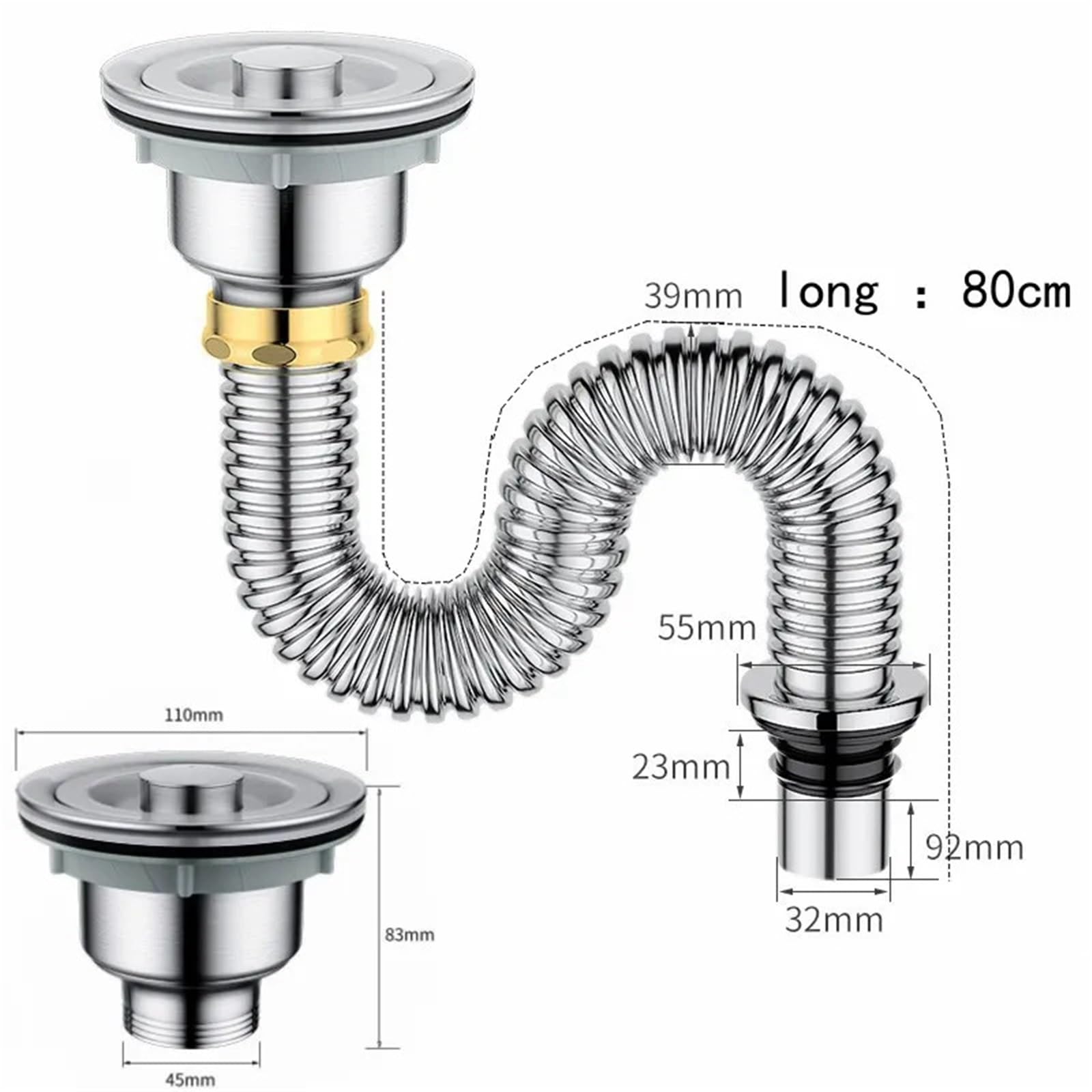 Küchenspüle-Abflussrohr, Edelstahl-Spülbeckensieb mit Spülbeckenstopfen/Dichtungsdeckel, Küchenspüle, Abwasserrohr, Abflussrohr(Chrome)