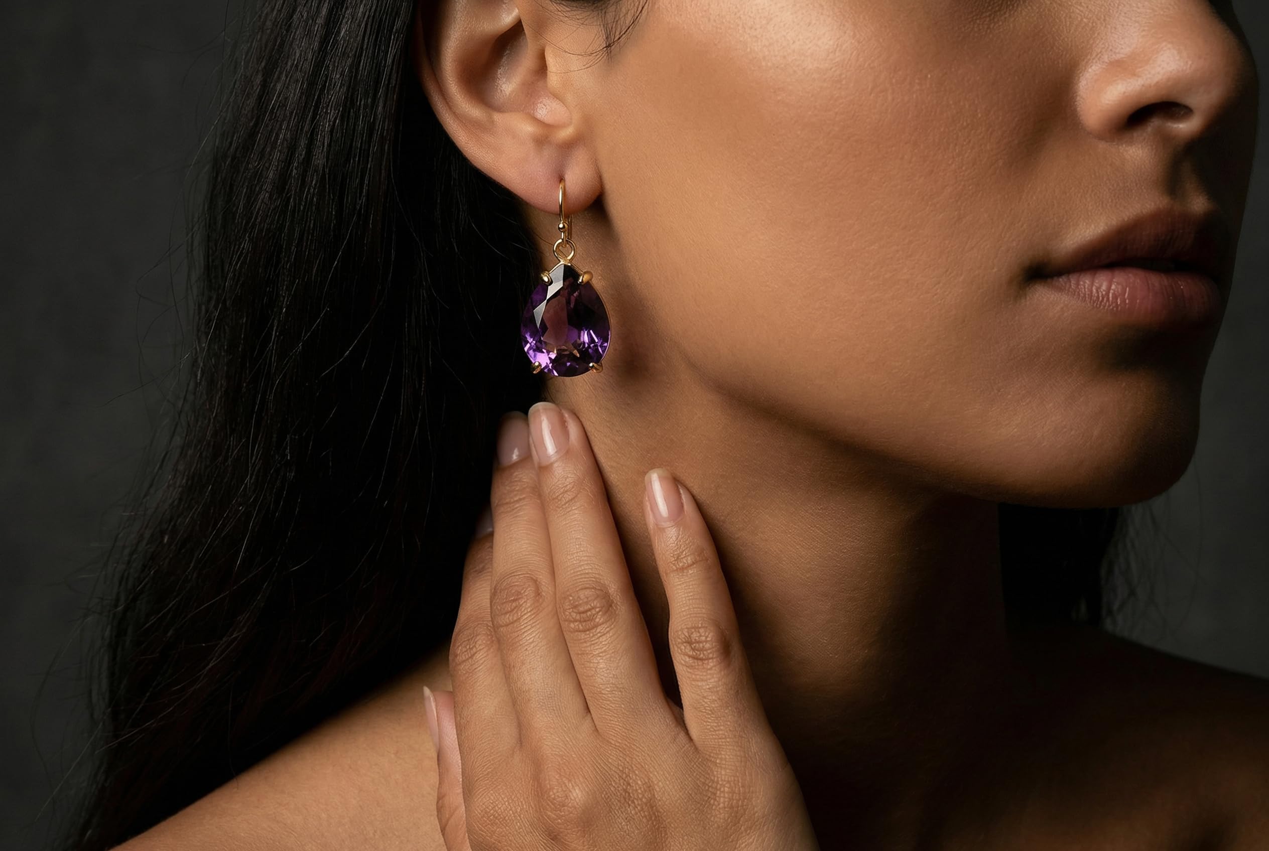 Pendientes de Oro 14k Amatista - Pendientes Colgantes Pera - Febrero Birthstone Pendientes - Profunda Piedra Púrpura Pendientes