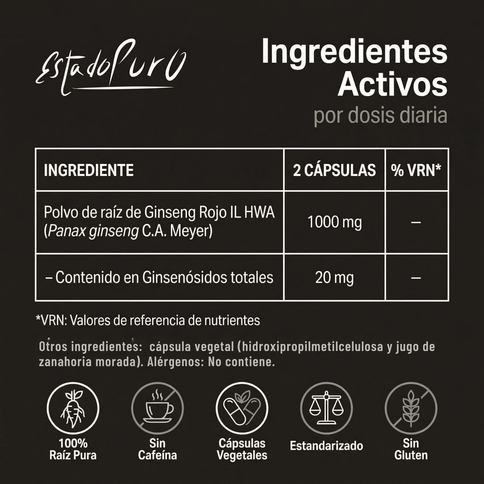 Ginseng Rojo Coreano Puro 1000mg | Panax Ginseng Máxima Concentración en Ginsenósidos | Energía Mental Vitalidad | Adaptógeno Natural | 50 Cápsulas Veganas Estado Puro