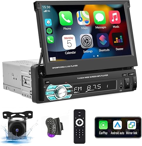 Estéreo de coche de un solo DIN con Carplay Android Auto de 7 pulgadas, pantalla táctil retráctil HD para coche, reproductor MP5, soporte Bluetooth,