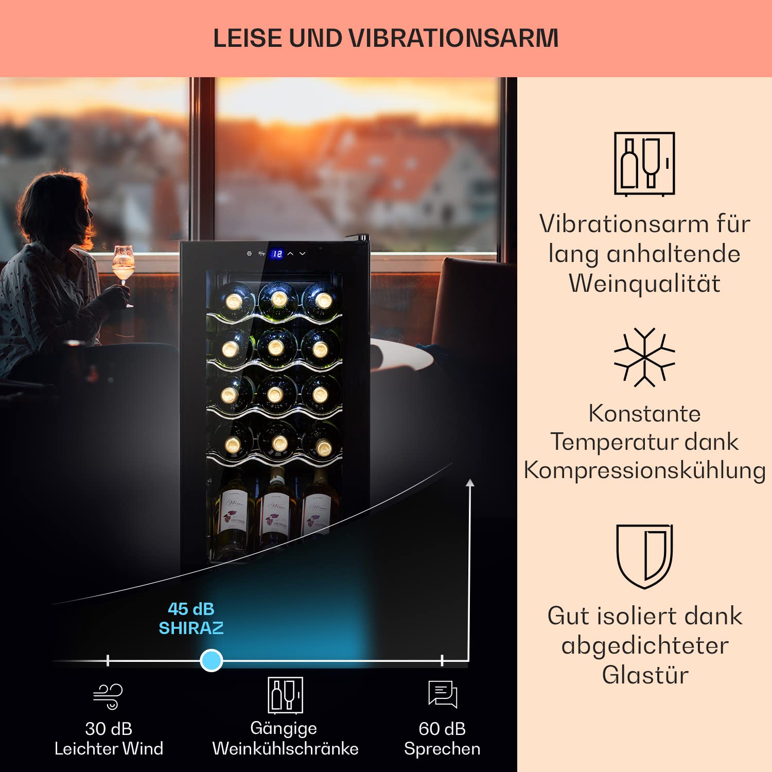 Klarstein Shiraz Weinkühlschrank 15 Flaschen 44 L 1 Zone Getränkekühlschrank Glastür freistehend LED Edelstahlrahmen