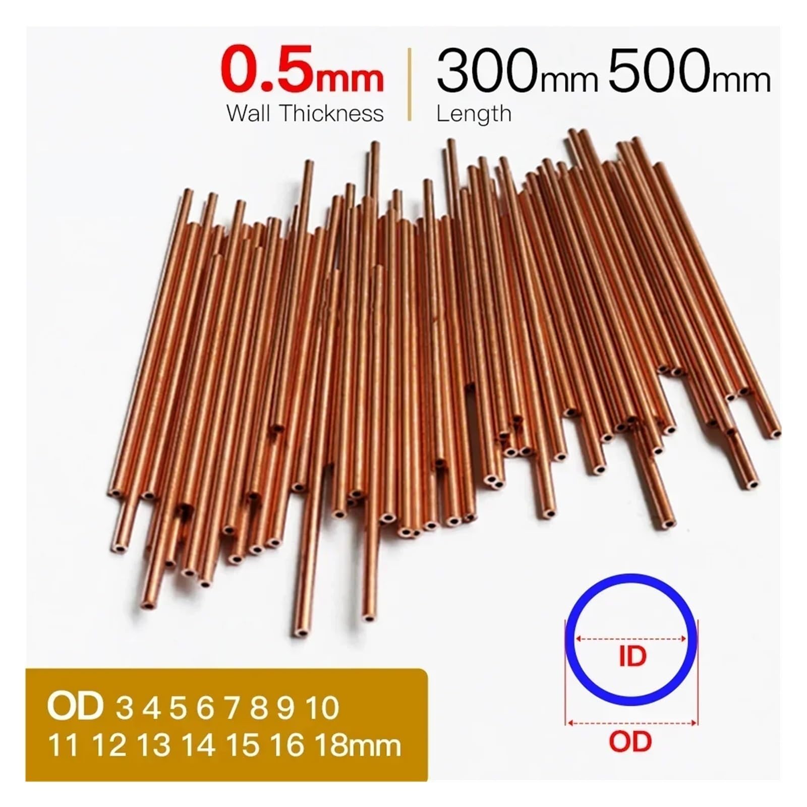 Tubo di rame da 1 pezzo, spessore della parete 0,5 mm, lunghezza 300/500, tubo tondo dritto cavo, Cooper