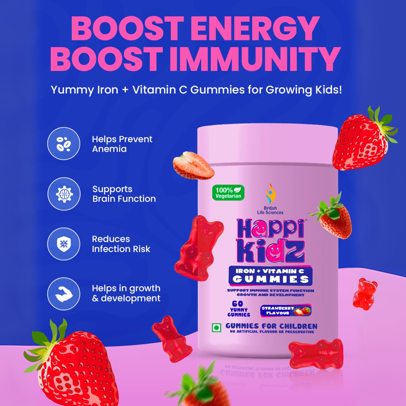 Happi Kidz Iron + Vitamin C Gummies For Kids-(120 Gummy Bears) -Supports Immune system function, Helps build red blood cells & overall growth and development (Pack of 2) 2