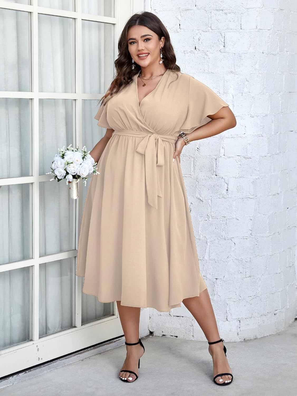 SCOMCHIC Womens Plus Size Wedding Guest Cocktail Midi Dress Summer Short Sleeve Wrap V Neck Belted A-Line Flowy Dress - Image 3