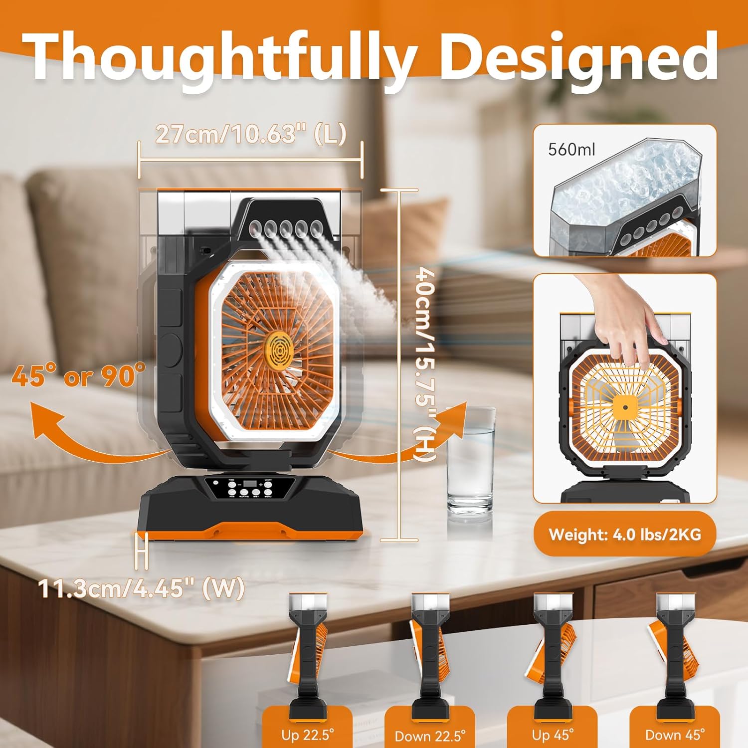 Desk Fan 5 Sprayers Rechargeable Misting Fan for Camping & Home – 6 Speed Portable Cooling Fan with Mist 560ml Water Tank Aromatherapy Diffuser Timer 27000mAh Fast-Charging Battery (Black & Orange)