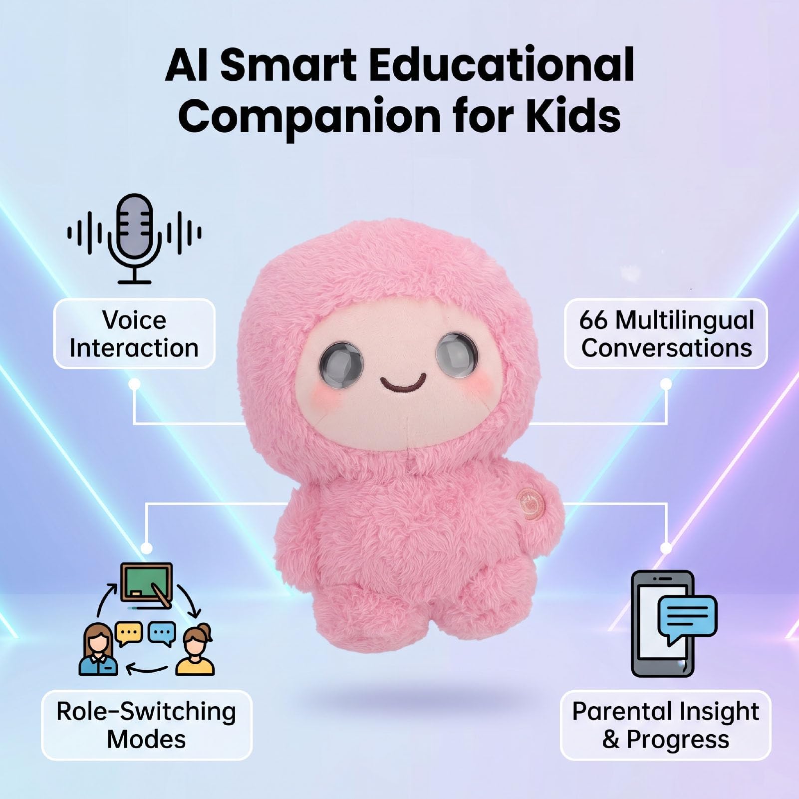 Juguete de Peluche AI, Animal de Peluche Interactivo con Chat de Voz en 66 Idiomas, Juguete Compañero de AI, Inteligente Que Habla con Juegos Educativos de Narración y (Pink)