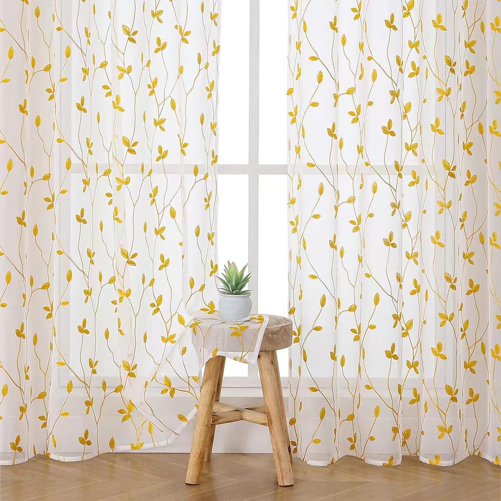 WUBODTI Spring Yellow Leaf Patterned Sheer Curtains 72 Inches Long 2 Panels Set for Living Room, Rod Pocket Country Light Filtering Faux Linen Embroidered Floral Curtains for Bedroom Dining Room — image 1
