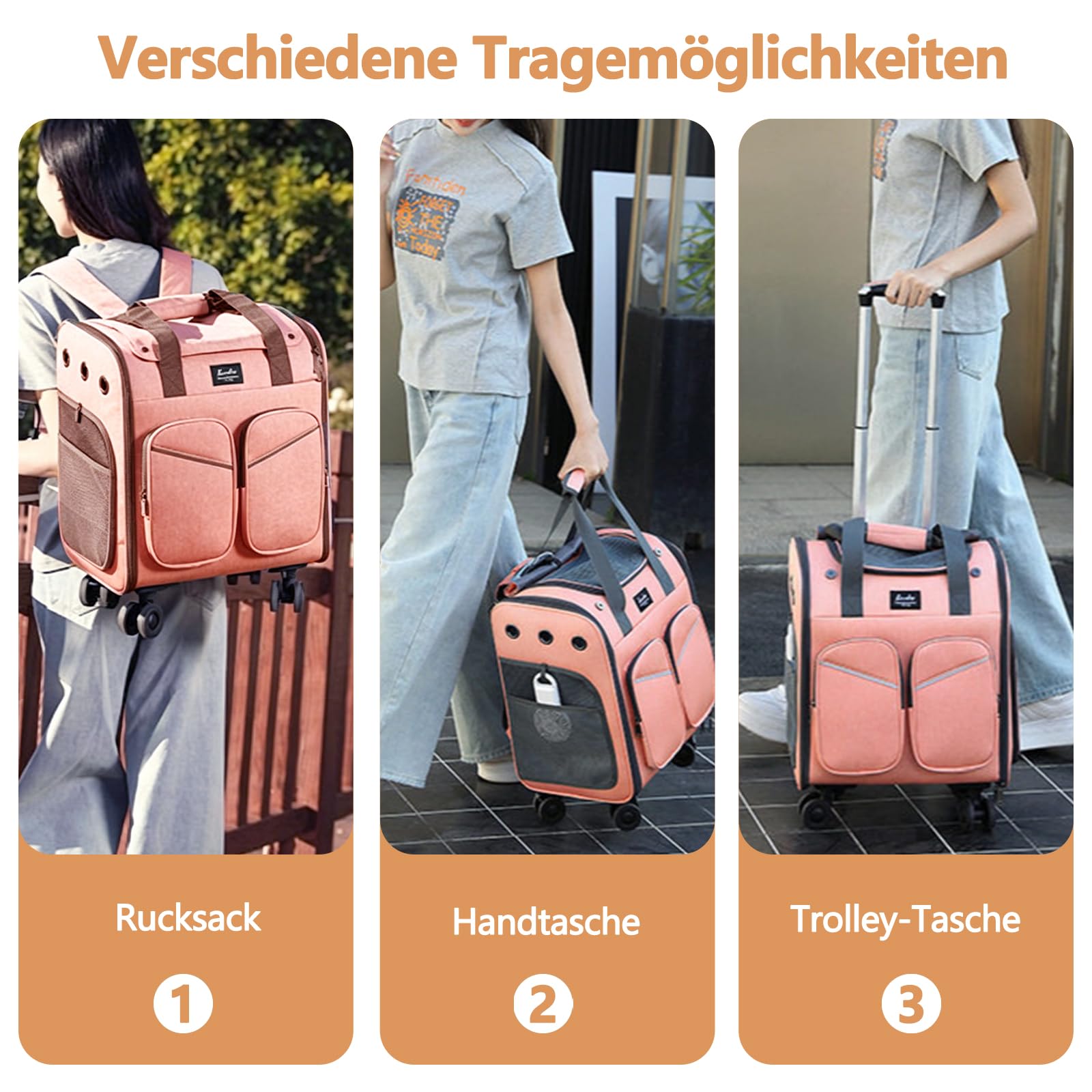 Galatée Rollkoffer Für Haustiere Aus Atmungsaktivem Polyestergewebe, Mit Gebremsten Und Stoßdämpfenden Universalrollen, Rutschfesten Griffen, Geeignet Für Katzen Und Hunde(Rosa)