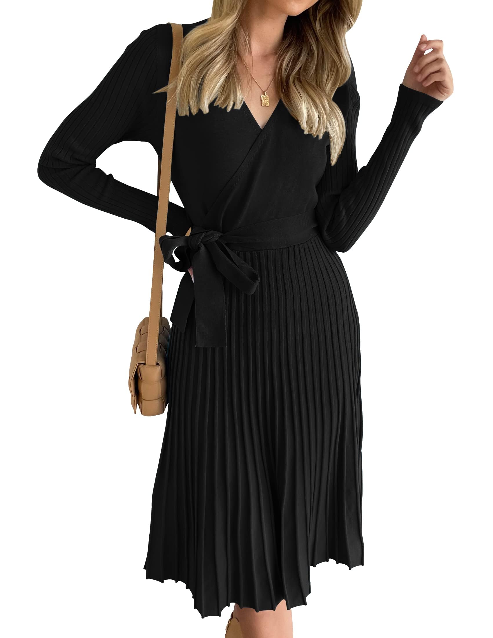 ZESICA Womens Fall Long Sleeve Wrap V Neck Ribbed Knit Pleated A Line Pullover Sweater Dress with Belt