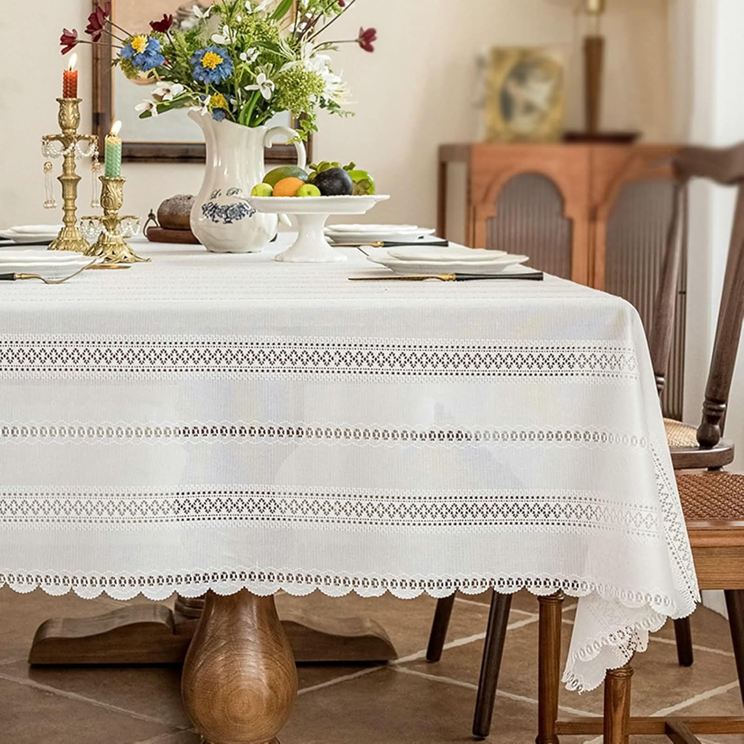 Beydodo Lace Table Cloth Rectangular 56 x 118 inch, Farmhouse Tablecloths Rustic for Dining Room Polyester Hollow Lace Jacquard