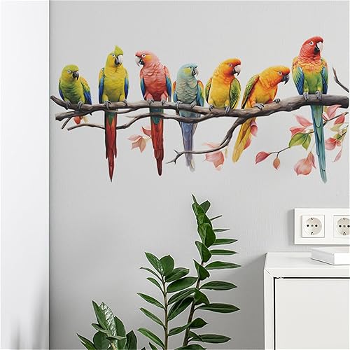 Calcomanías de pared de pájaros y loros con ramas de árbol, coloridas y bonitas, calcomanías de pared removibles para sala de estar, dormitorio,