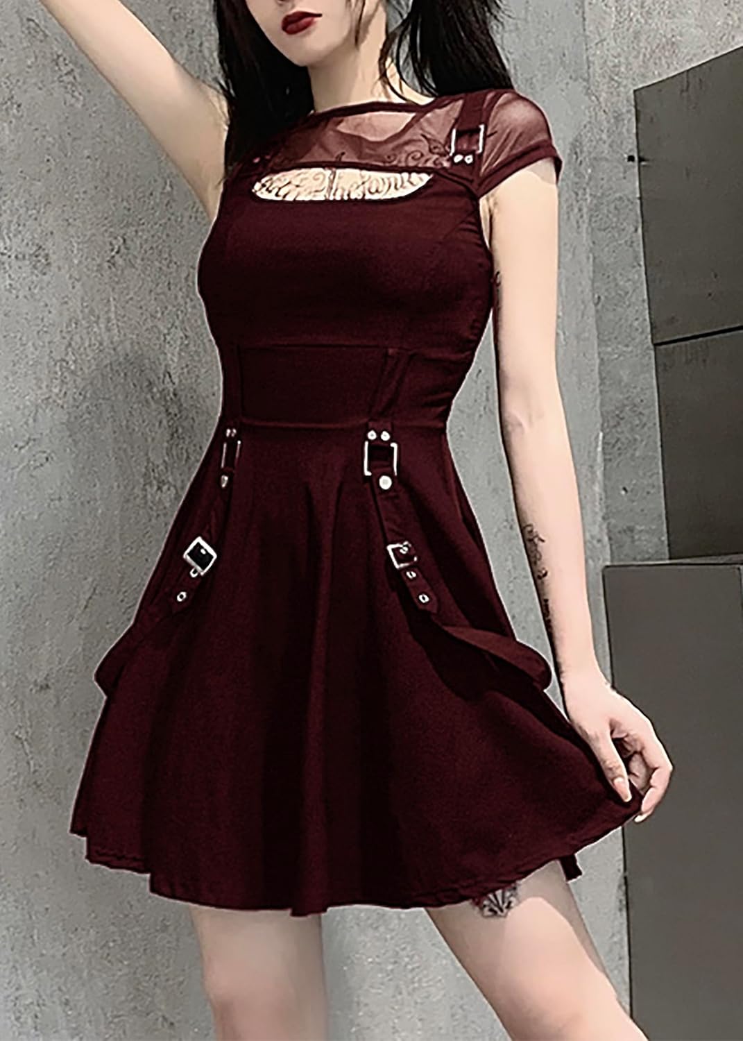 TSMNZMU Women Gothic Mesh Mini Dress Black Harajuku Grunge Halter Dresses Sleeveless Aesthetic Alt Dress Y2K Emo Dress