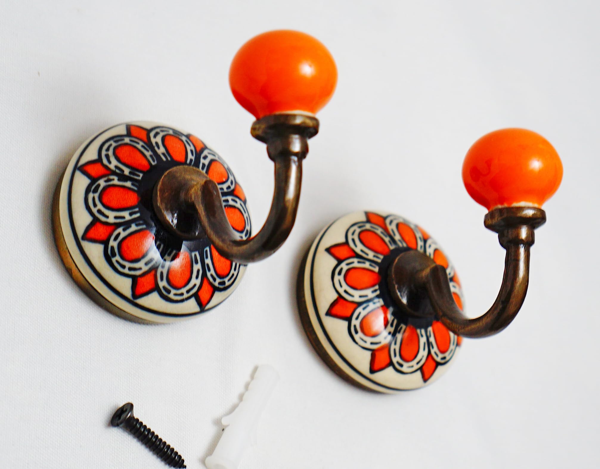 IvoryBlu777 -Set of Vintage Style Coat Hooks - Metal Ceramic Artisan Door/Wall Hooks (Orange - Pack of 2)