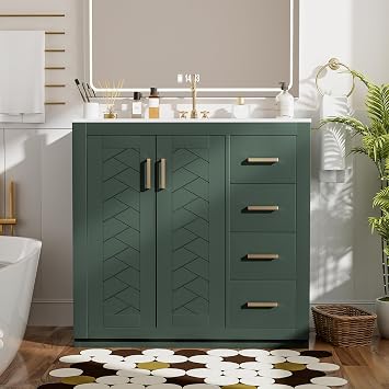 36 Inch Green Bathroom Vanity with Ceramic Sink Combo, Modern Bathroom Storage Cabinet with 3 Drawers& Soft Closing Doors, Freestanding Single Vanity Sink Set with Solid Wood Frame, Gold Handles