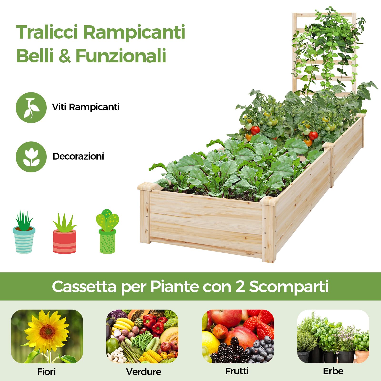 COSTWAY Fioriera da Esterno e Traliccio, Letto Rialzato in Legno per Fiori, Erbe, Verdure, Frutta e Viti Rampicanti, Aiuola Elevata da Giardino con Spalliera, 235CM x 63CM x 102CM (Naturale)