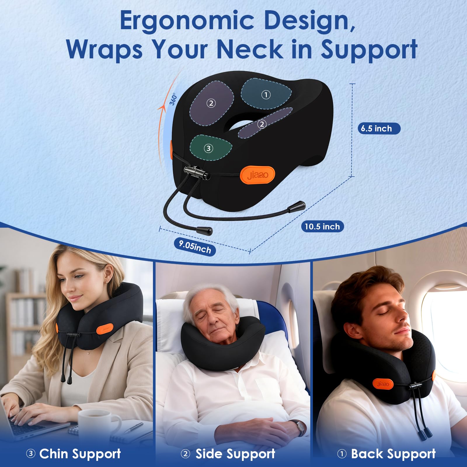 jiaao Travel Pillow - Cuscino cervicale in memory foam per aerei, con collare regolabile, include occhiali per dormire, tappi per le orecchie e custodia per riporre oggetti, ideale per viaggi in aereo