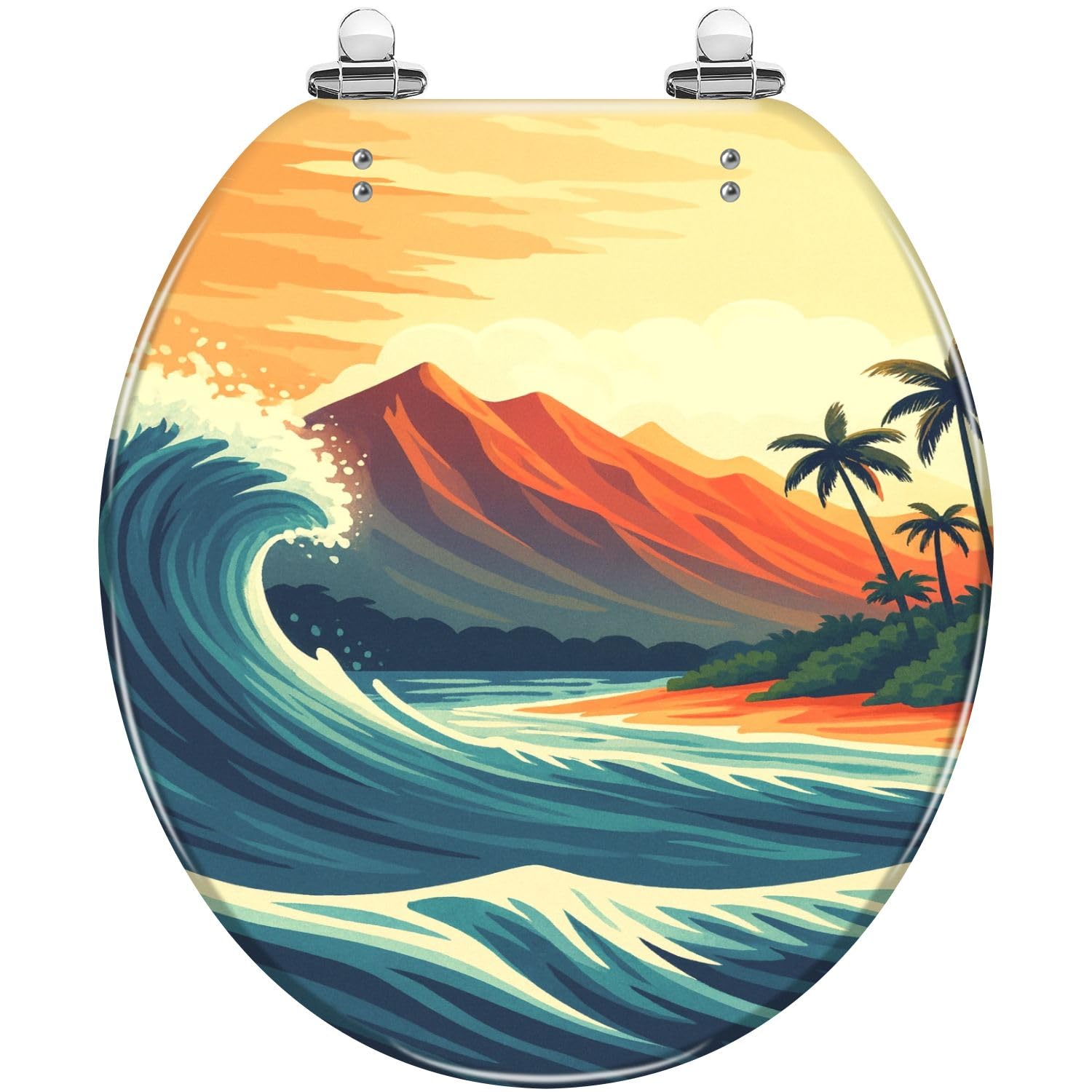 Hawaiian Retro oceaninges, Vintage Resin seat Cover Quiet Release Hinges Easy Install, Adjustable, Lightweight, Durable, Portable, User-Friendly, Compact, Toilet, Round, Tropical, Waves