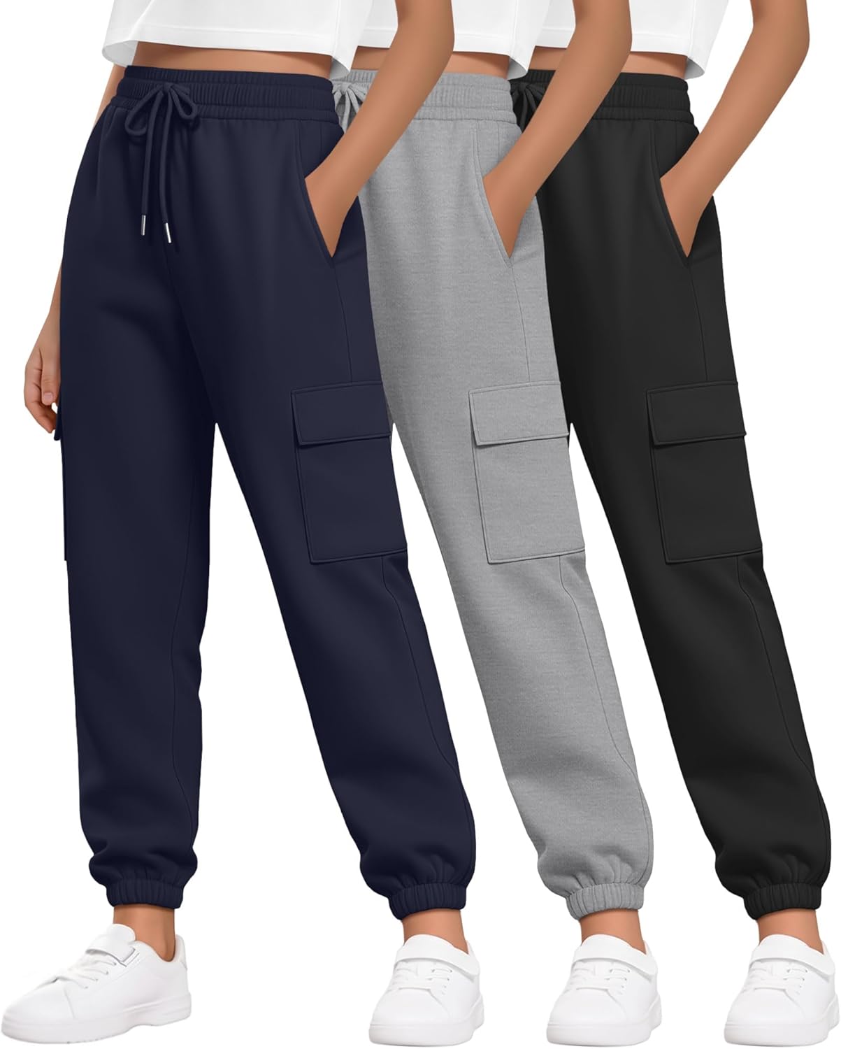 3 Pack Girl's Cargo Sweatpants Joggers Pants Causal Gym Athletic Workout High Waist Fall Outfits with Pocket