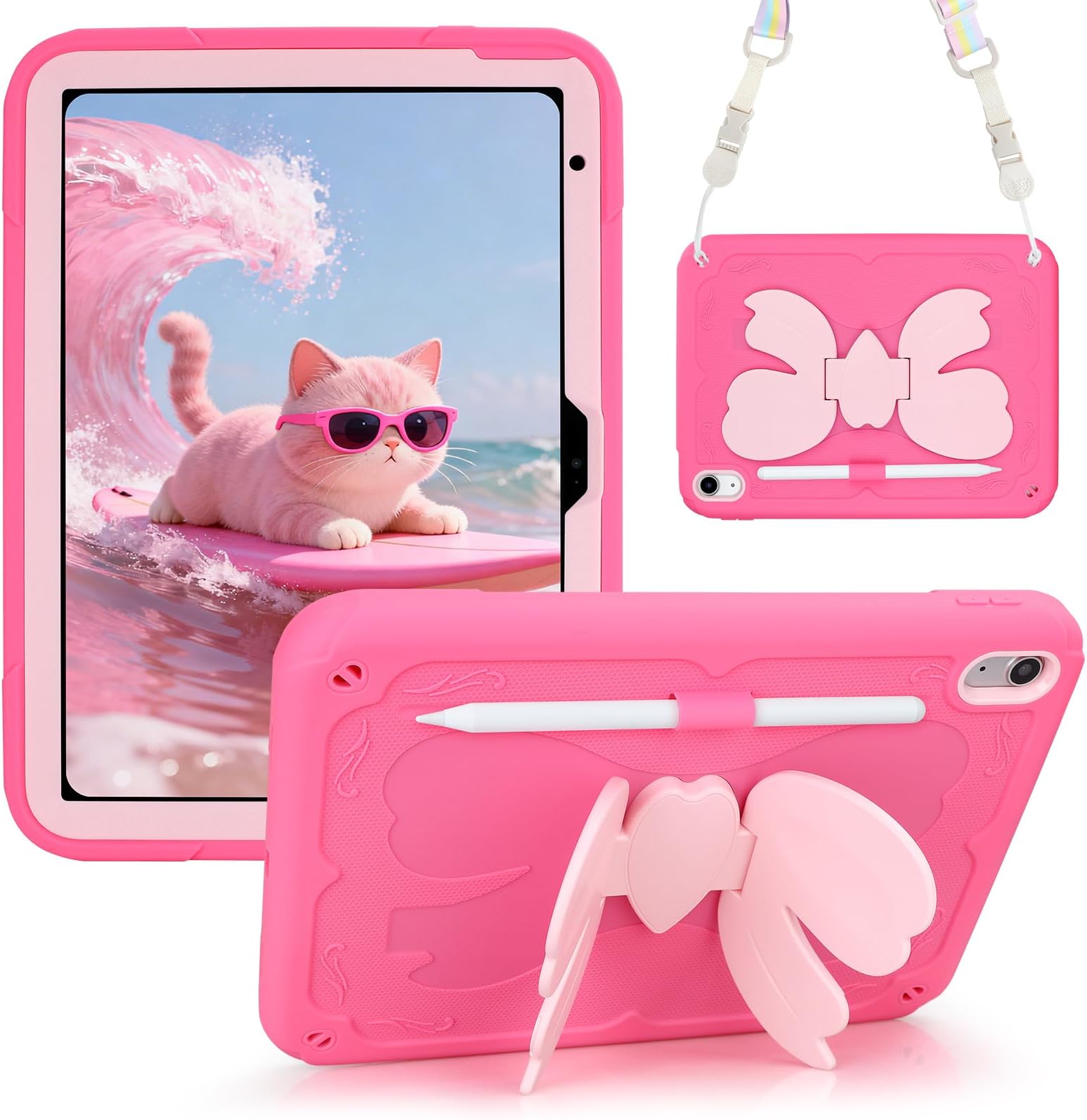 for iPad A16 11th Generation 2025 10th Generation Case 2022 for Kids Girls with Pencil Holder Shoulder Strap Pink Heavy Duty Protective iPad 11 inch 10.9 inch Cover with Bowknot Stand