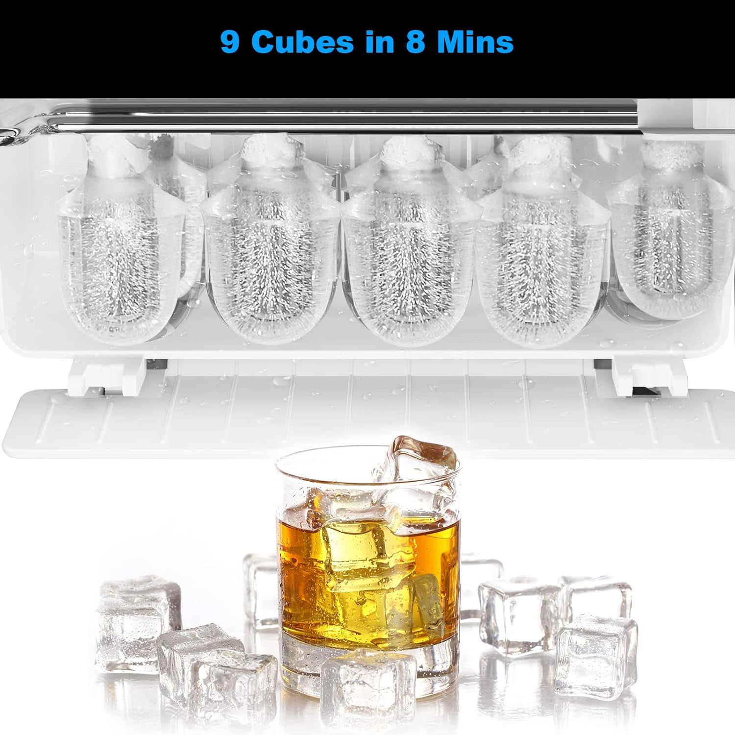 Close-up of ice maker producing 9 ice cubes in 8 minutes