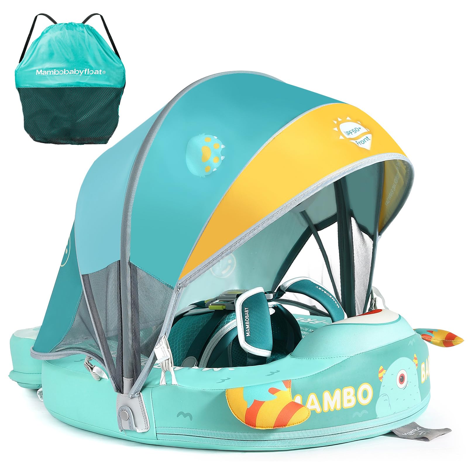 Mambobaby Float with Canopy & Portable Backpack Skin-friendly Baby Swim Float with Tail Waterproof Non-Inflatable Mambo Float Smart Swim Trainer Soft Solid Infant Pool Float 3-24 months Baby Swim Ring
