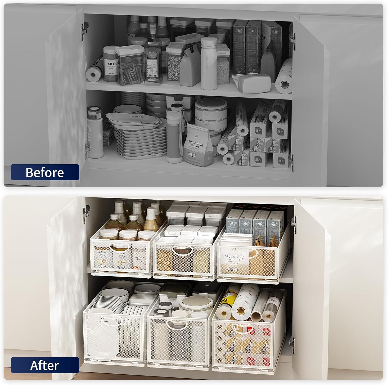 2 Pack Pull Out Cabinet Organizer, No Drill Adhesive Sliding Drawers for Kitchen, Metal Mesh Wire Storage Shelf for Pantry & Under Sink, White (9.6" W x 15.7" D x 8.4" H)