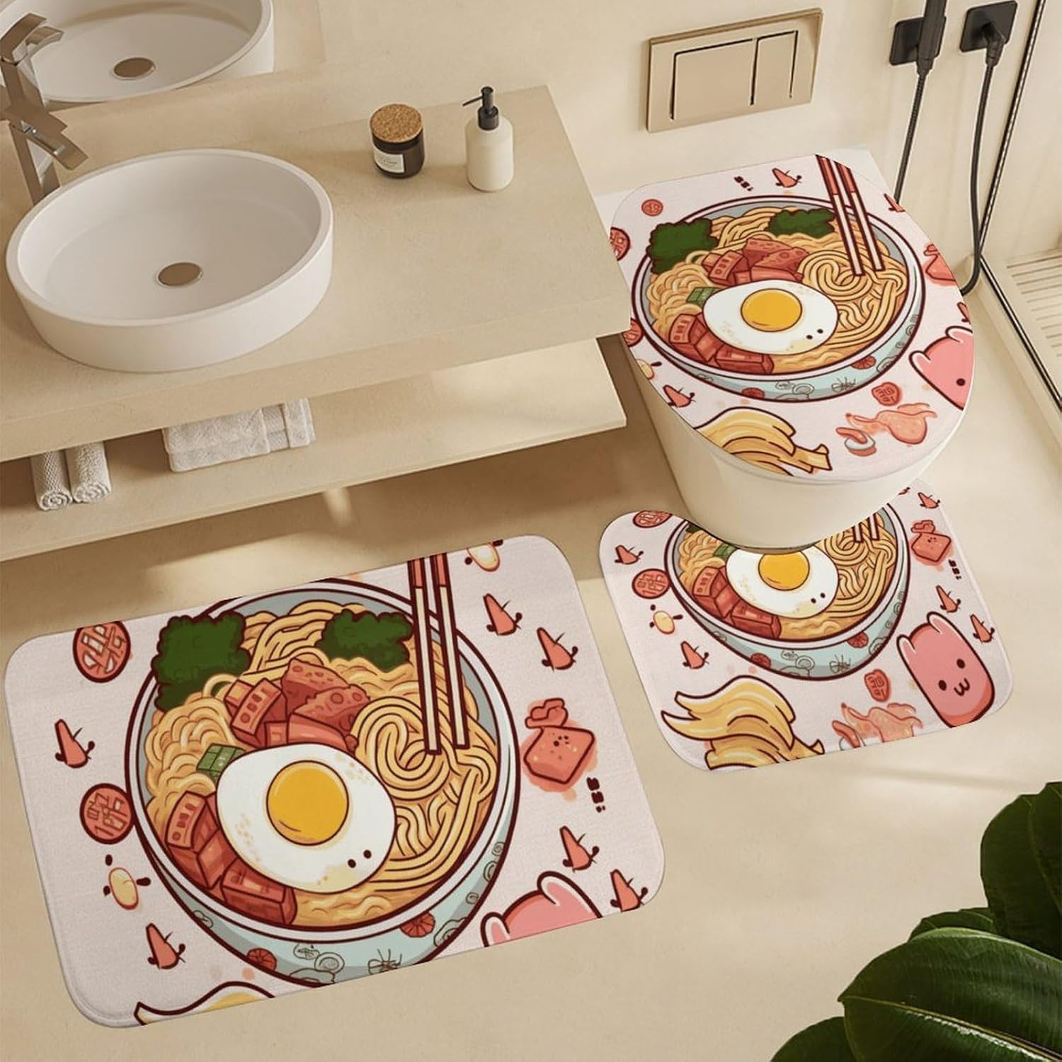 Delicious Sweet Ramen Shower Curtain Set 4 Piece, Non-Slip Bath Mat with Toilet Lid Cover and Waterproof Shower Curtain with 12 Hooks, Complete Bathroom Set for Home Decor