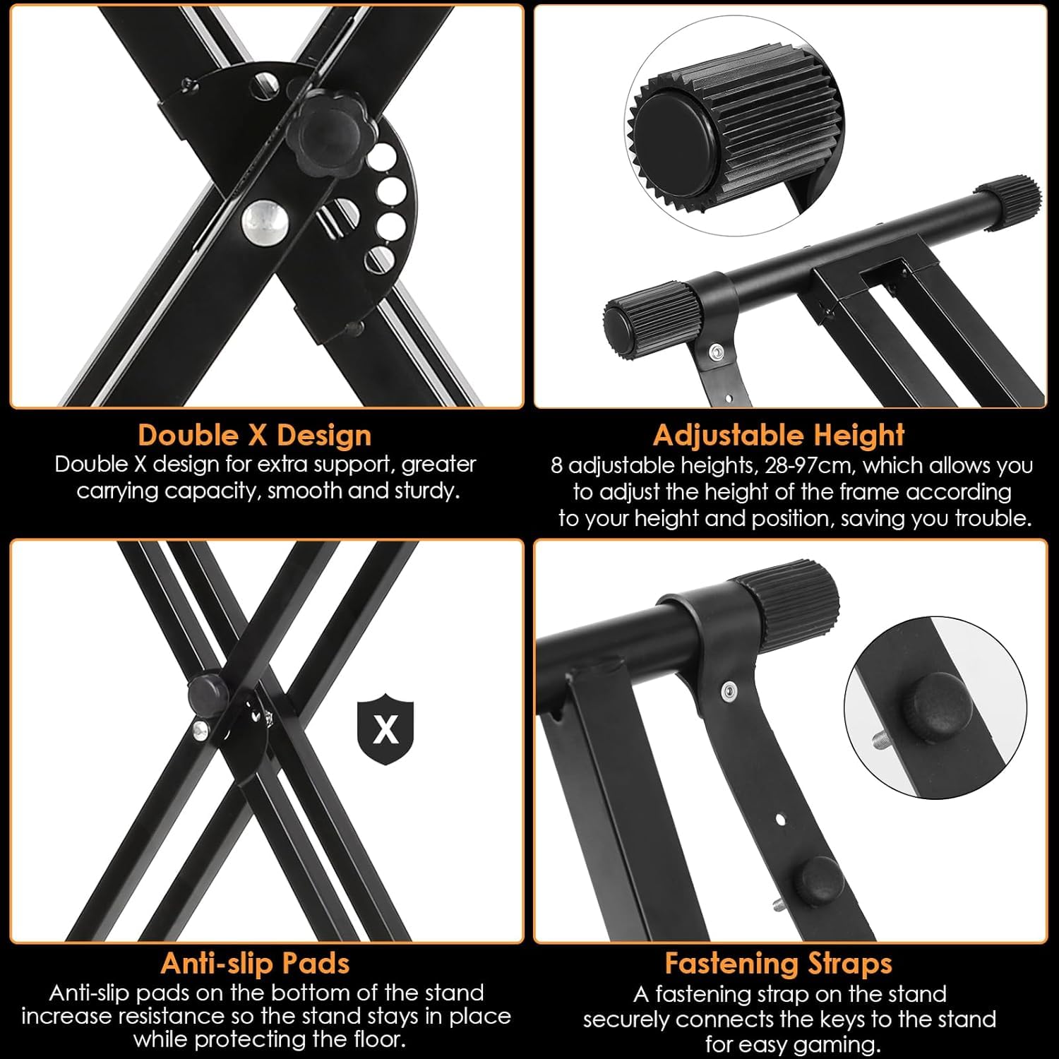 Supporto Tastiera e Sgabello Pianoforte Regolabile, Pieghevole, Doppio Telaio a X, Cuscino Spesso, Portata 100KG, Nero