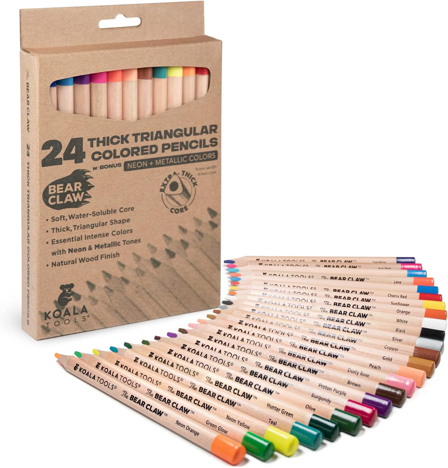 KOALA TOOLS - Bear Claw Colored Pencils for Adults and Kids, Water Soluble Color Pencils with Triangular Grip for Art and Shading, Includes Neon and Metallic Colors, Pack of 24