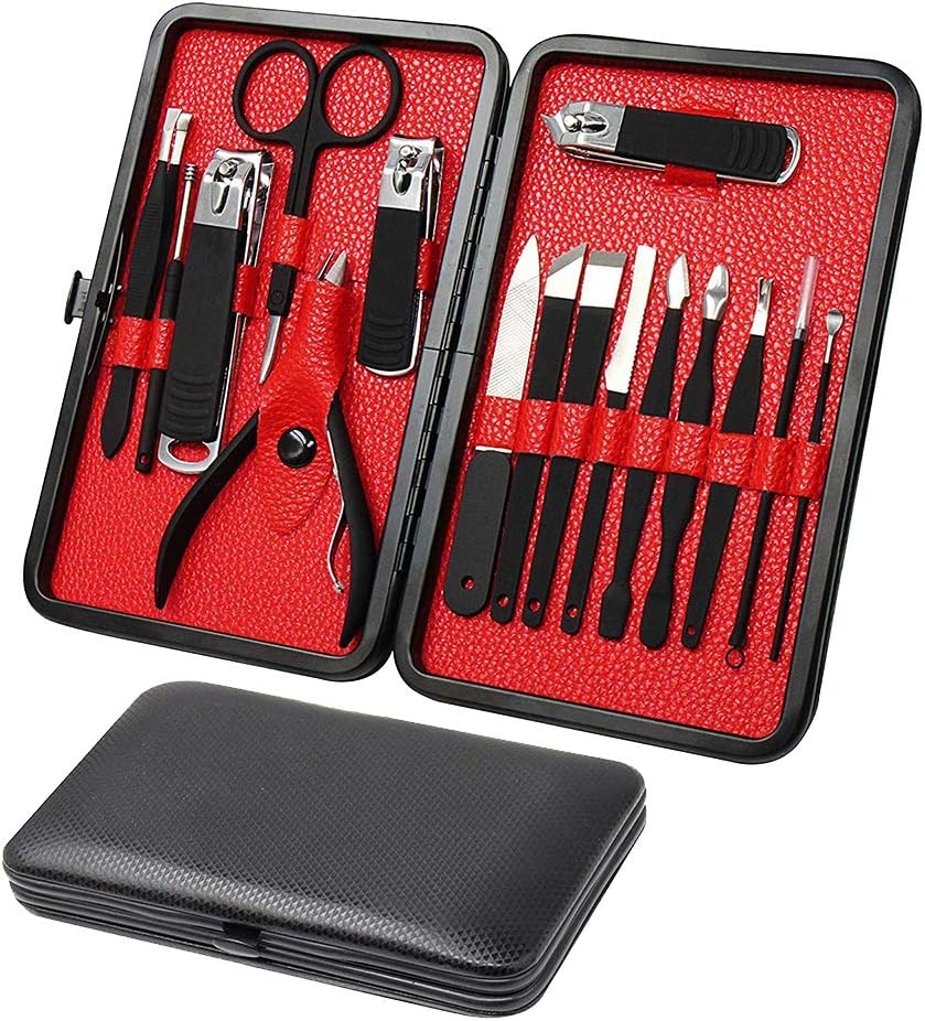 Mens Manicure Set - Aooeou 16 in 1 Nature Rubber Set Stainless Steel Professional Pedicure Kit Nail Scissors Mens Grooming Kit with Black Leather Travel Case [Updated Version]