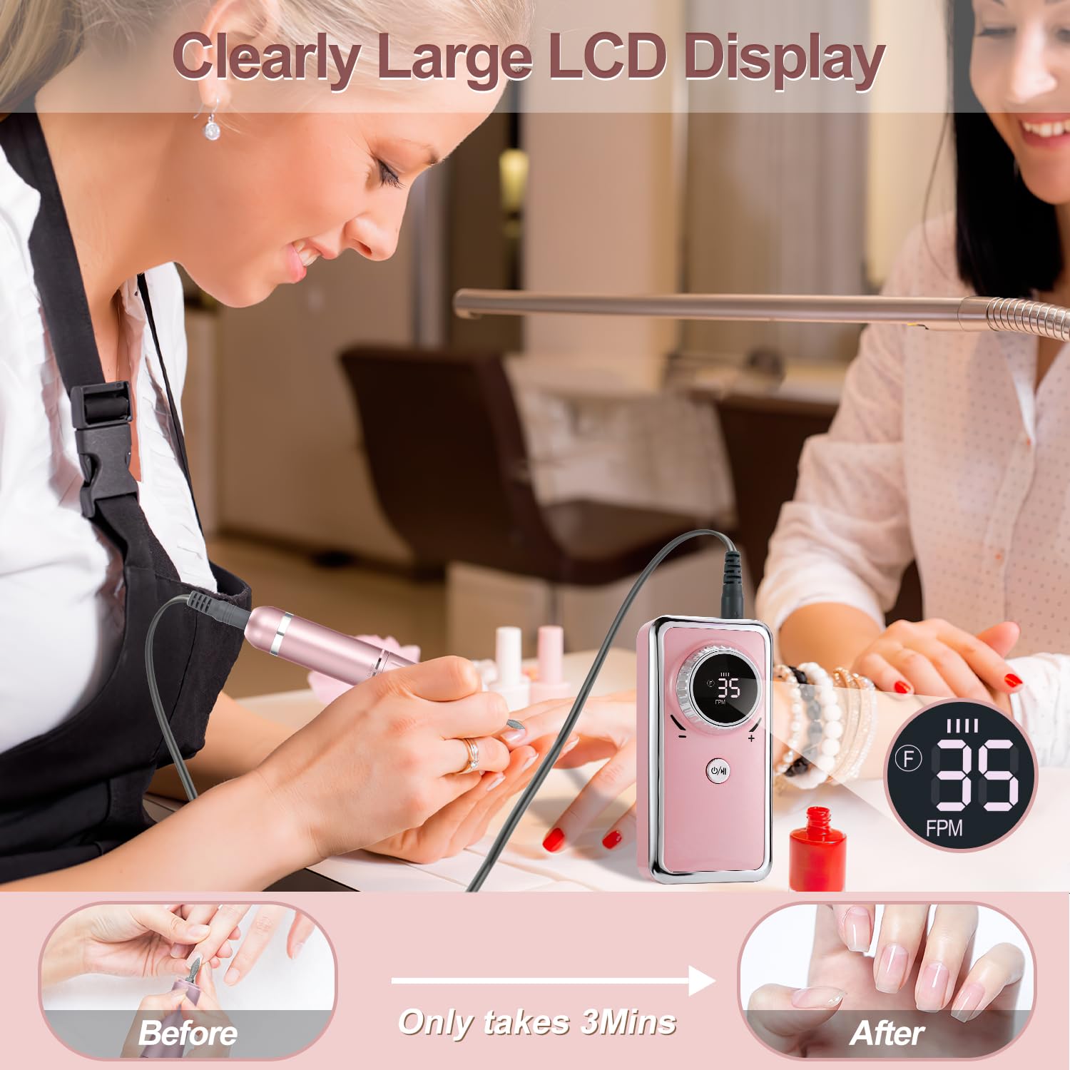 Taladro de uñas eléctrico profesional, 35,000 rpm, taladro de uñas portátil Efile con 11 brocas de uñas, máquina de taladro de uñas recargable con pantalla LCD para quitar esmalte de uñas acrílicas 5