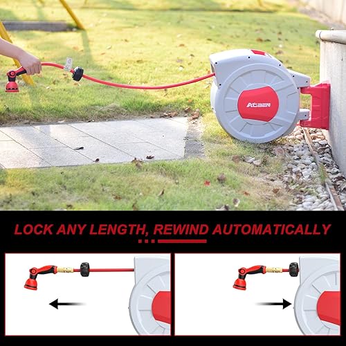Miniatura 4 de AOBEN Carrete de manguera de jardín retráctil, carrete de manguera de agua montado en la pared de 12 pulgada x 120 pies, con sistema de rebobinado