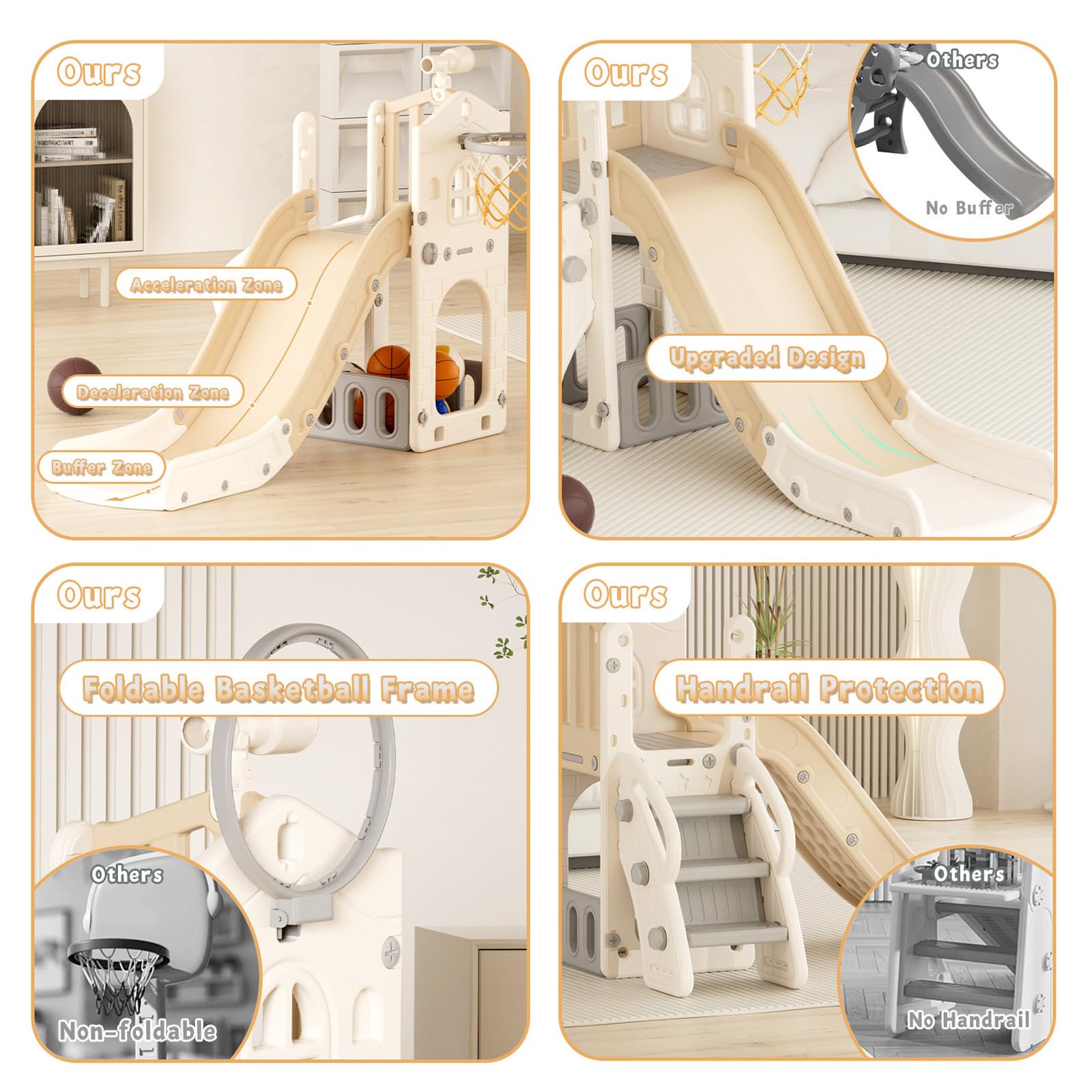 KORIMEFA Tobogán Infantil 5 en 1 con Canasta Plegable y balón de Baloncesto, Pequeño tobogán Infantil Toboganes Independientes para niños y niñas a partir de 1 año, para uso interior y exterior (Café)