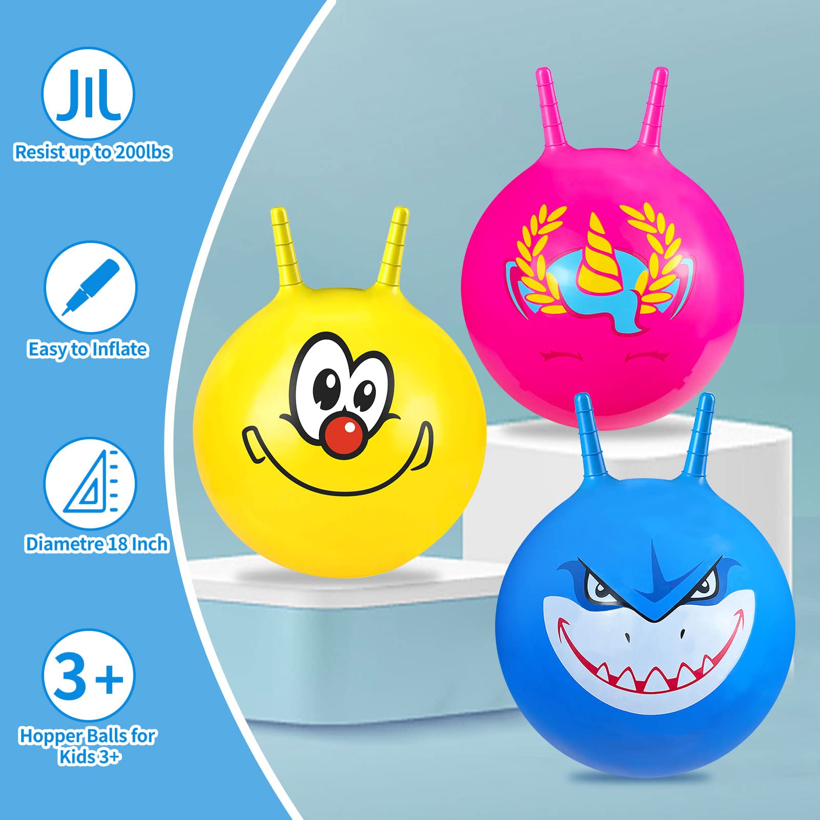 3 bolas de tolva, bola inflable con mango y bomba para niños, bolas inflables de 18 pulgadas para deportes al aire libre en interiores y juegos de salto de equilibrio (amarillo+rosa + azul)