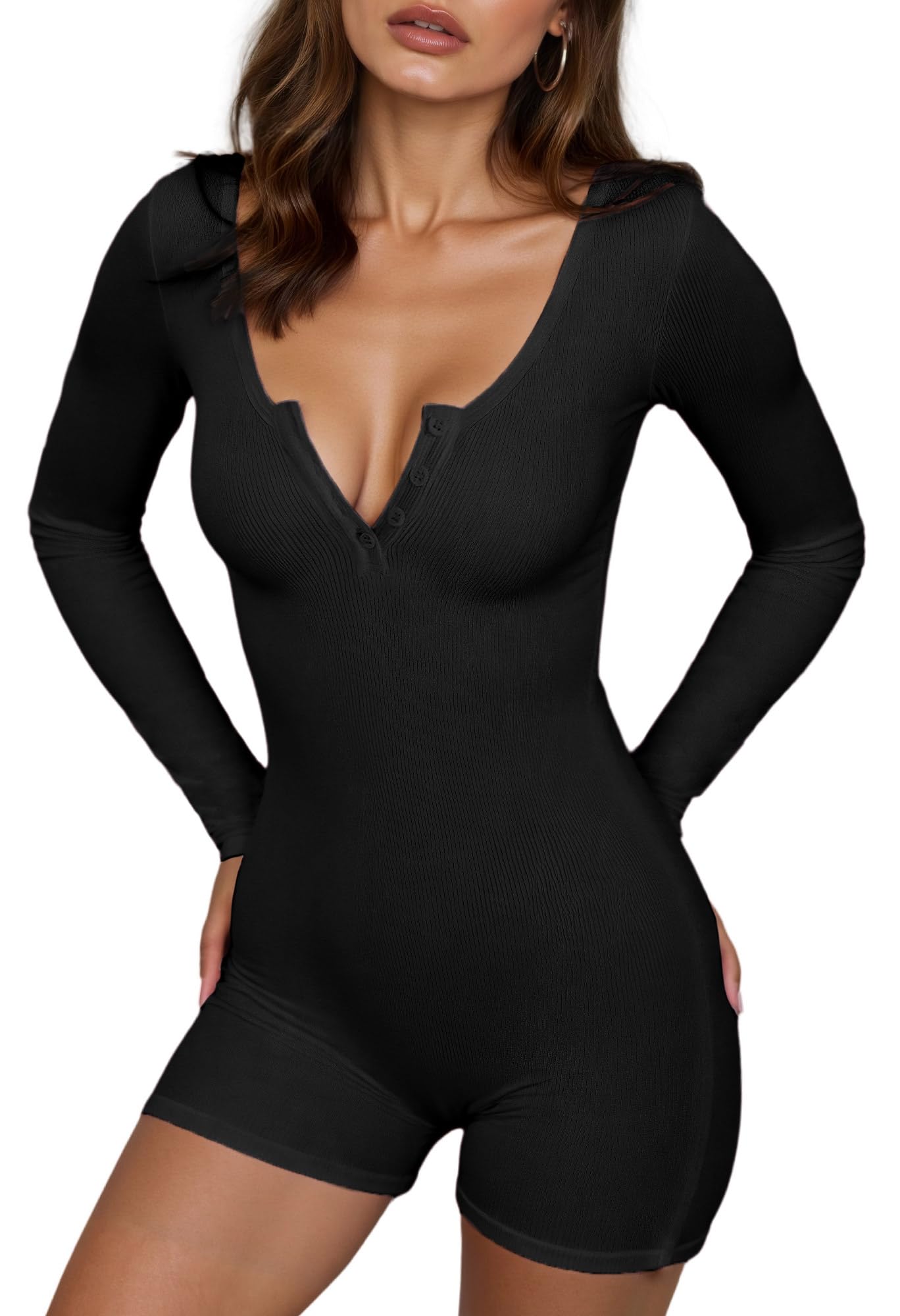 Women One-Piece Pajamas Solid Bodycon Jumpsuit Long Sleeve Shorts Pjs Rompers Overall
