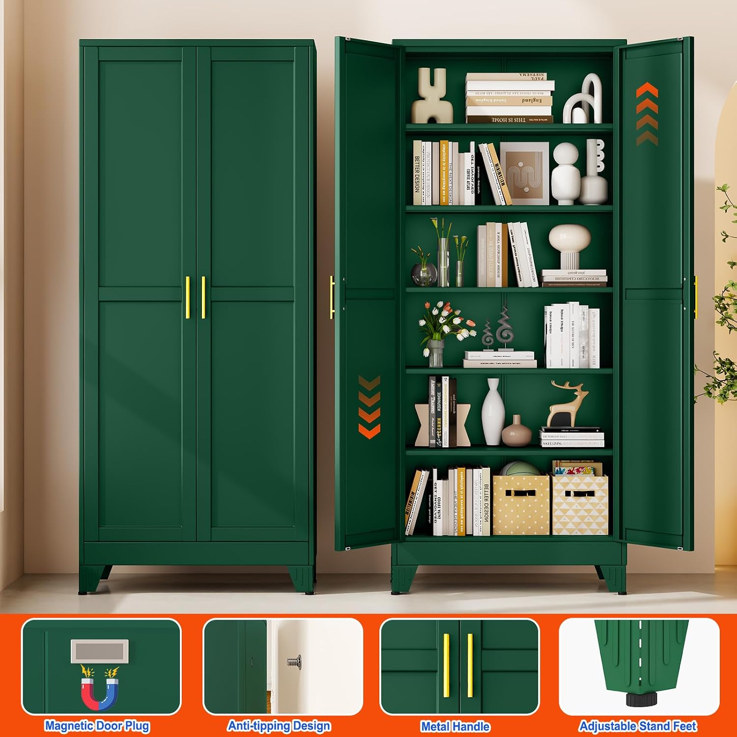 GAIOUS 74.8''Tall Metal Garage Storage Cabinet,File Cabinet with Door and Adjustable Shelves, Outdoor Steel Tool Cabinet for Home,Office,Warehouse,Garage,Green