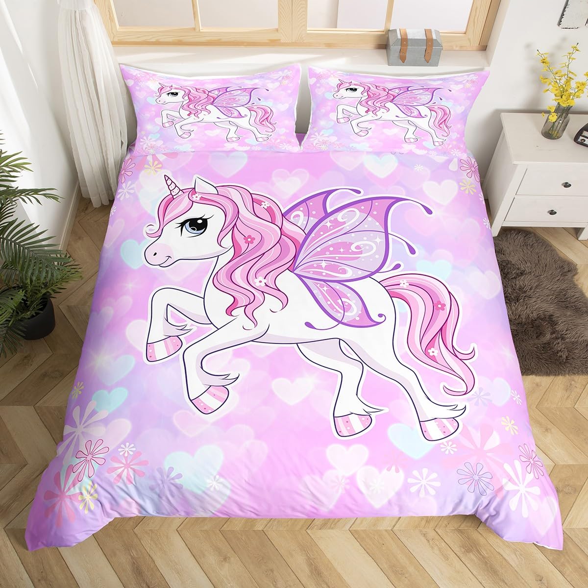 Manfei Cute Unicorn Duvet Cover Set Single Size, Flower Hearts Print Comforter Cover with 1 Pillowcase, Cartoon Unicorn Bedding Set 2pcs for Kids Boys Girls Bedroom Decor Animal Theme Bedspread Cover