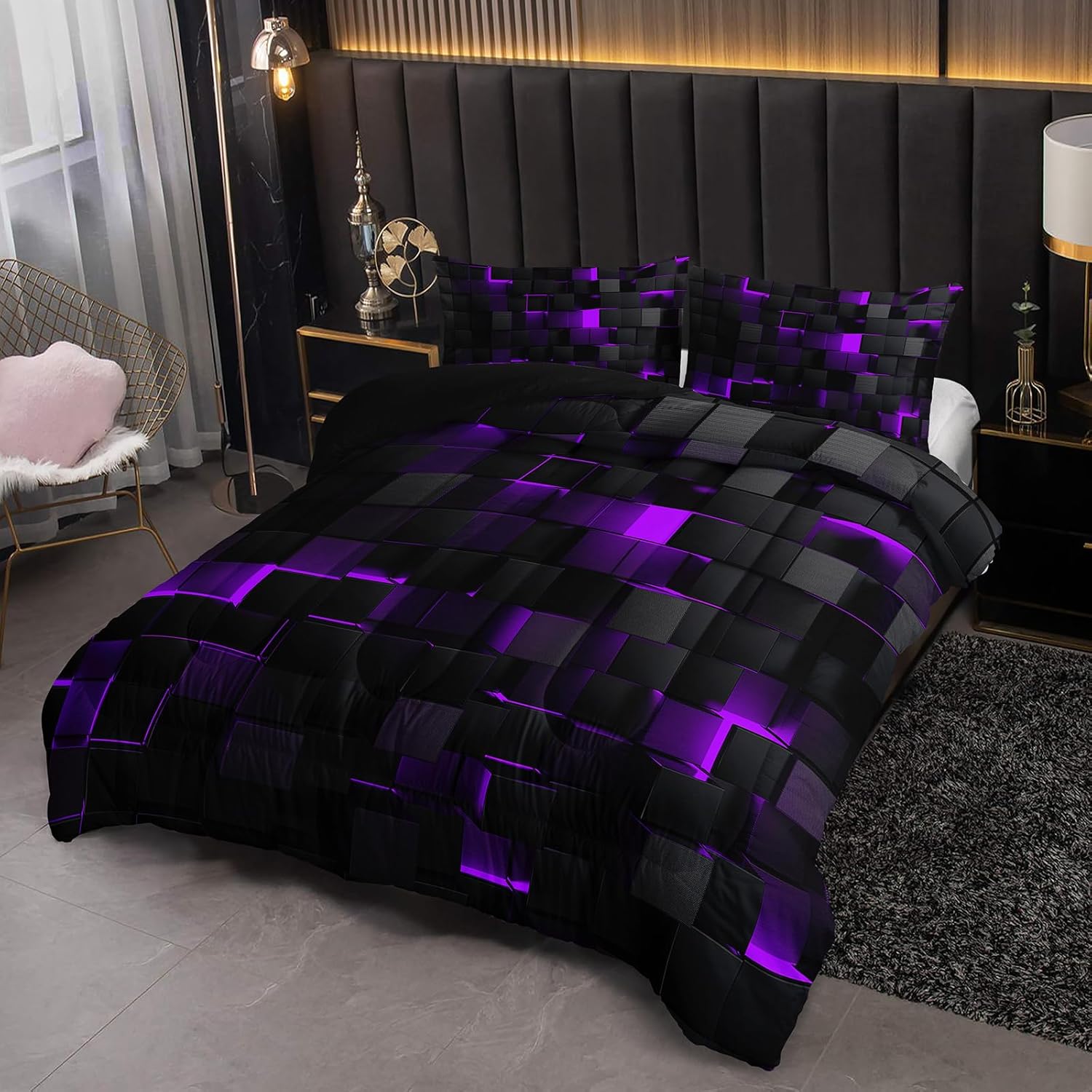 Neon Purple Black Comforter Set Full Geometric Kids Bedding Set,3 PCS Geometry Honeycomb Bed Set Modern Quilt Set 1 Comforter 2 Pillow Cases Cool Room Decor All Season B-Side Black - Image 4
