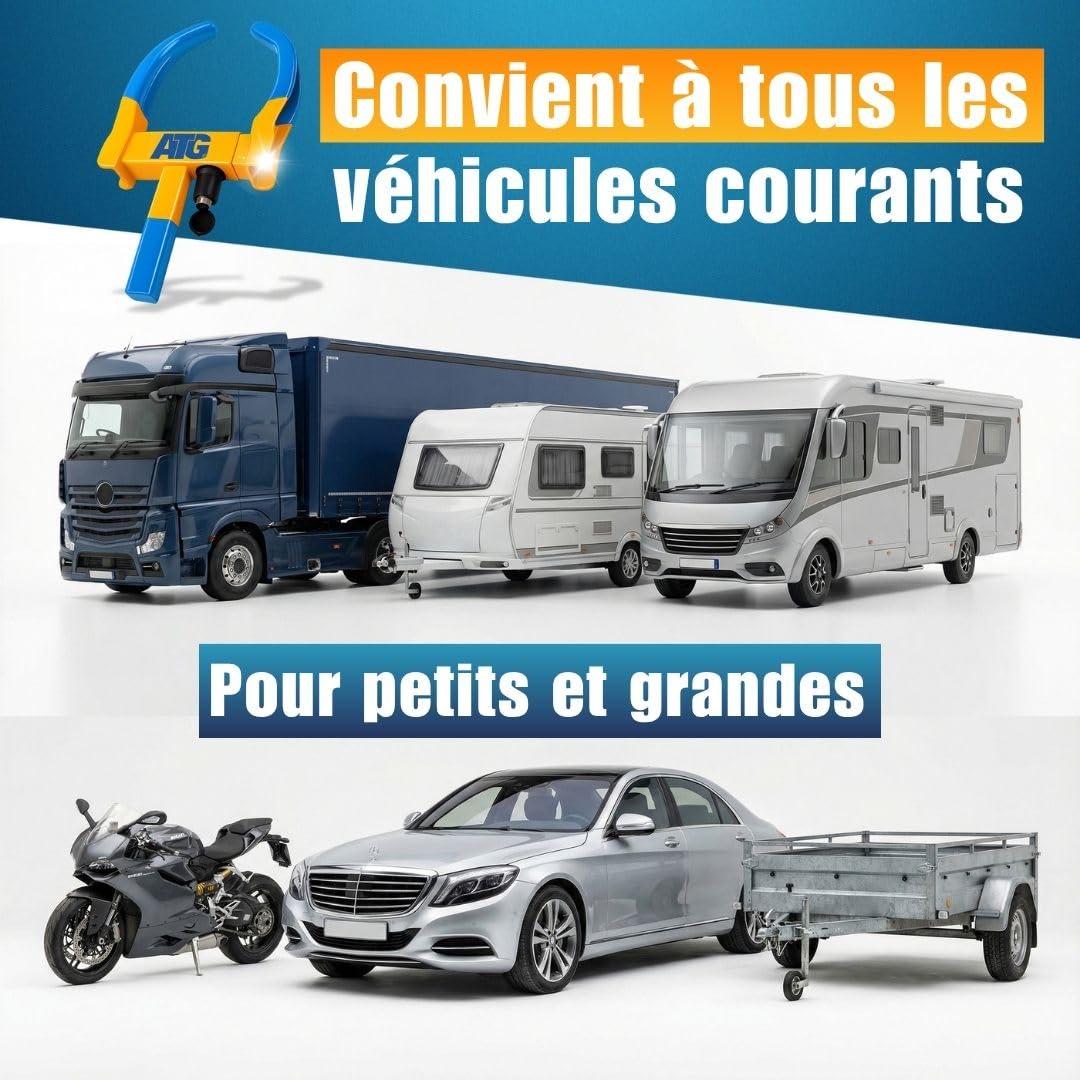 ATG Sabot de Roue Voiture & Remorque – Antivol Roue Universel pour Auto, Caravane, Camping-car, Moto – Bloque Roue Sécurité Pneus 18–28 cm