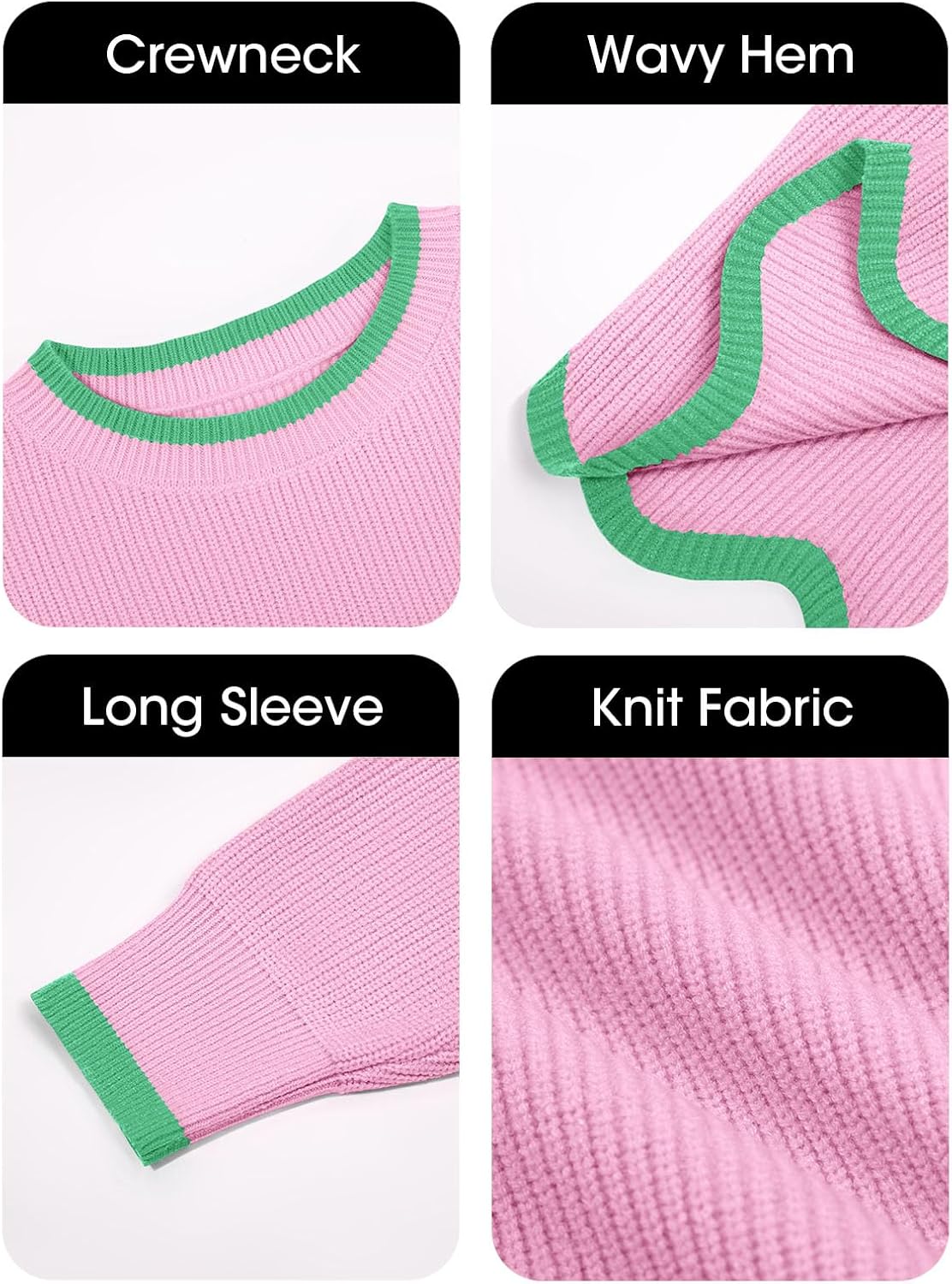 Saodimallsu Womens Contrast Color Pullover Sweaters Crewneck Knit Tops with Wave Hem Long Sleeve Sweater Fall 2025