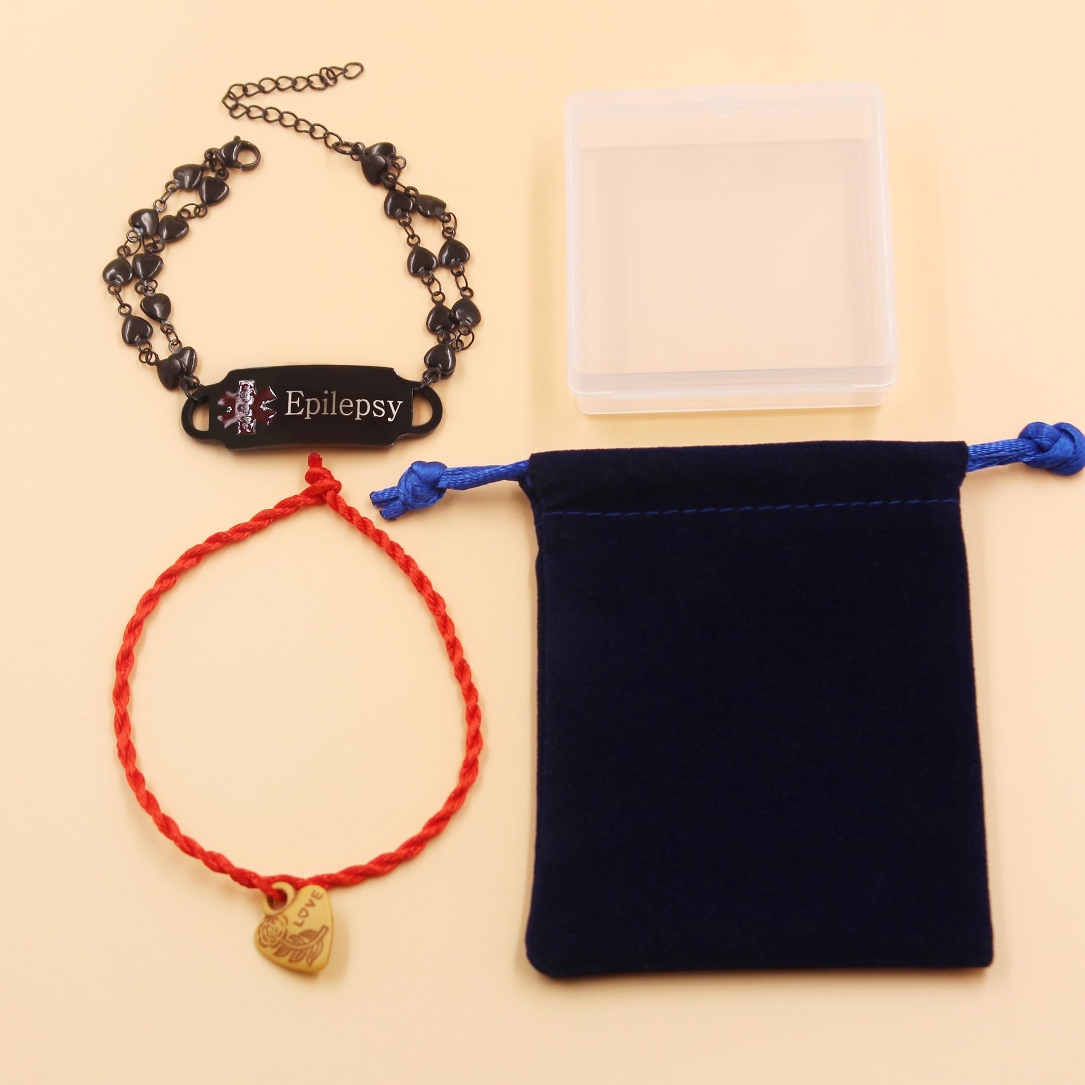 YA5199 Bracelet d'identification médicale d'urgence double brin réglable en forme de cœur étanche pour homme Noir en acier inoxydable
