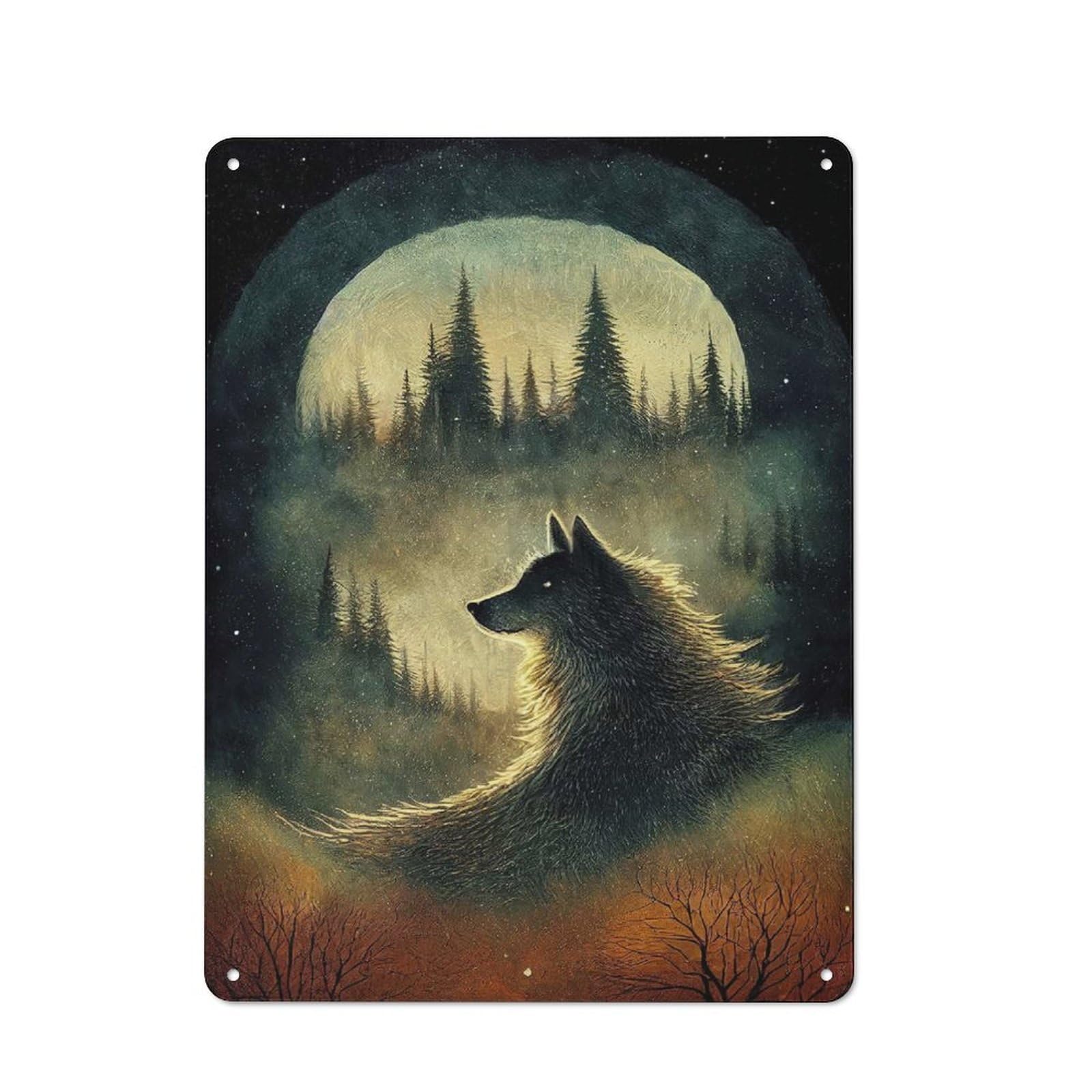 Junmoney Wolf In The Moonlight Vintage Tin Sign 40X30cm For Home Office Or Studio, For Metal Sign Collectors, For Living Room And Hallway Decor