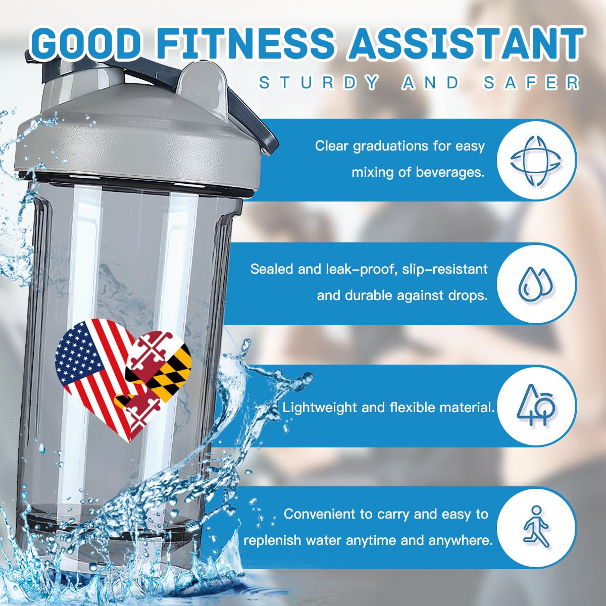 Heart America Flag and Maryland Flag 18 Ounce Shaker Cup,Fashion Theme Pattern Shaker Bottle Leak-proof Workout Shake Bottles 500ML/18 oz Perfect for Pre Workout-3