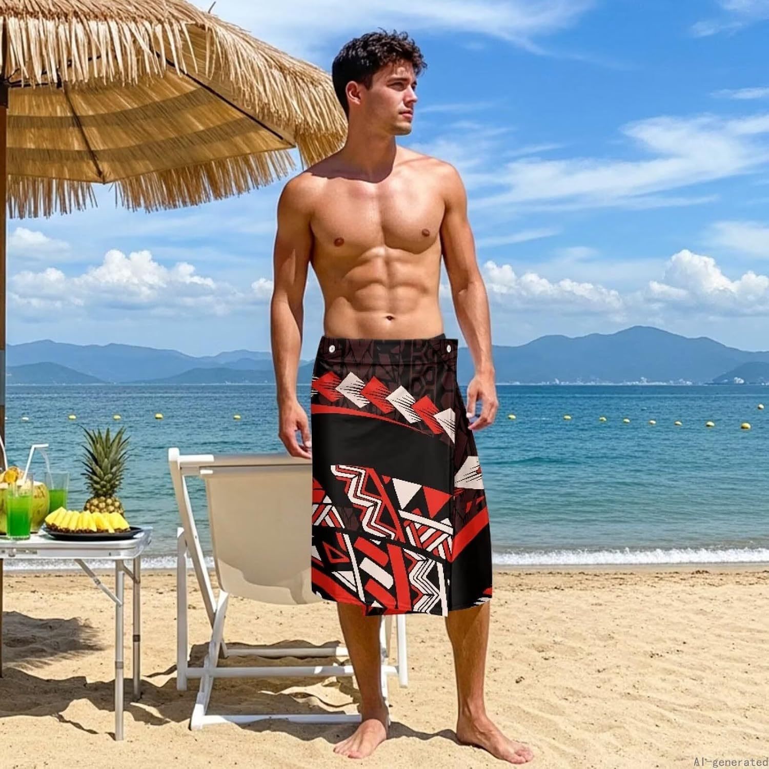 Men's Polynesian Pareo Hawaiian Wrap Skirt Tropical Beachwear Cover-Up Pacific Island Ethnic Print
