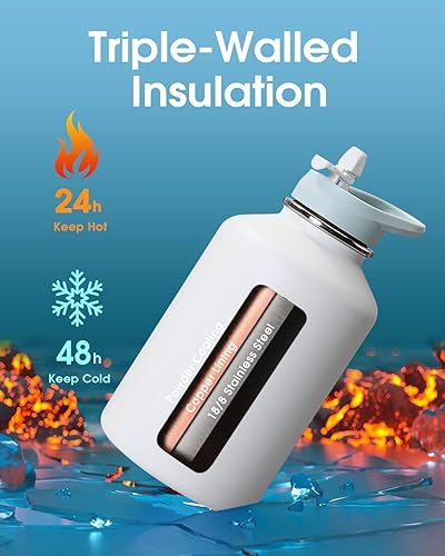 Miniatura 2 de Coolflask Botella de agua de 64 onzas aislada con funda de piel sintética, botella de agua de medio galón, contraste de color con tapas con pajilla,
