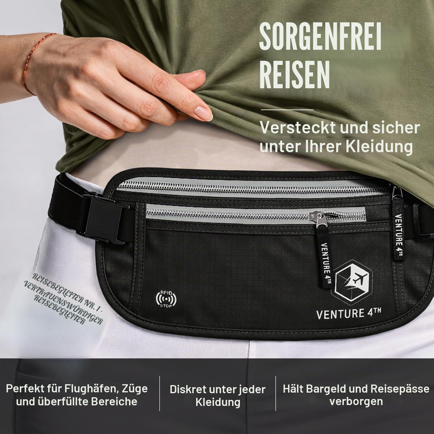 Slim Minimalist Design RFID Money Belt with RFID Blocking Sleeves, for Men and Women – Ideal for Keeping Your Cash, Credit Card, Passport, Phone Safe When Traveling