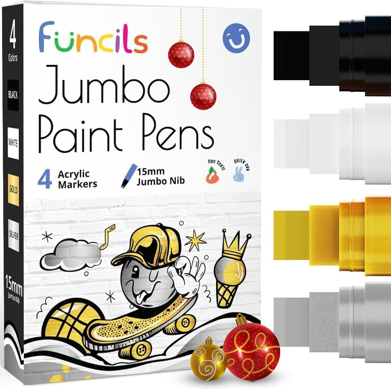 4 marcadores de póster jumbo (0.59 pulgadas, blanco, negro, dorado y plateado), marcadores de pintura acrílica gruesa para madera, vidrio, metal,