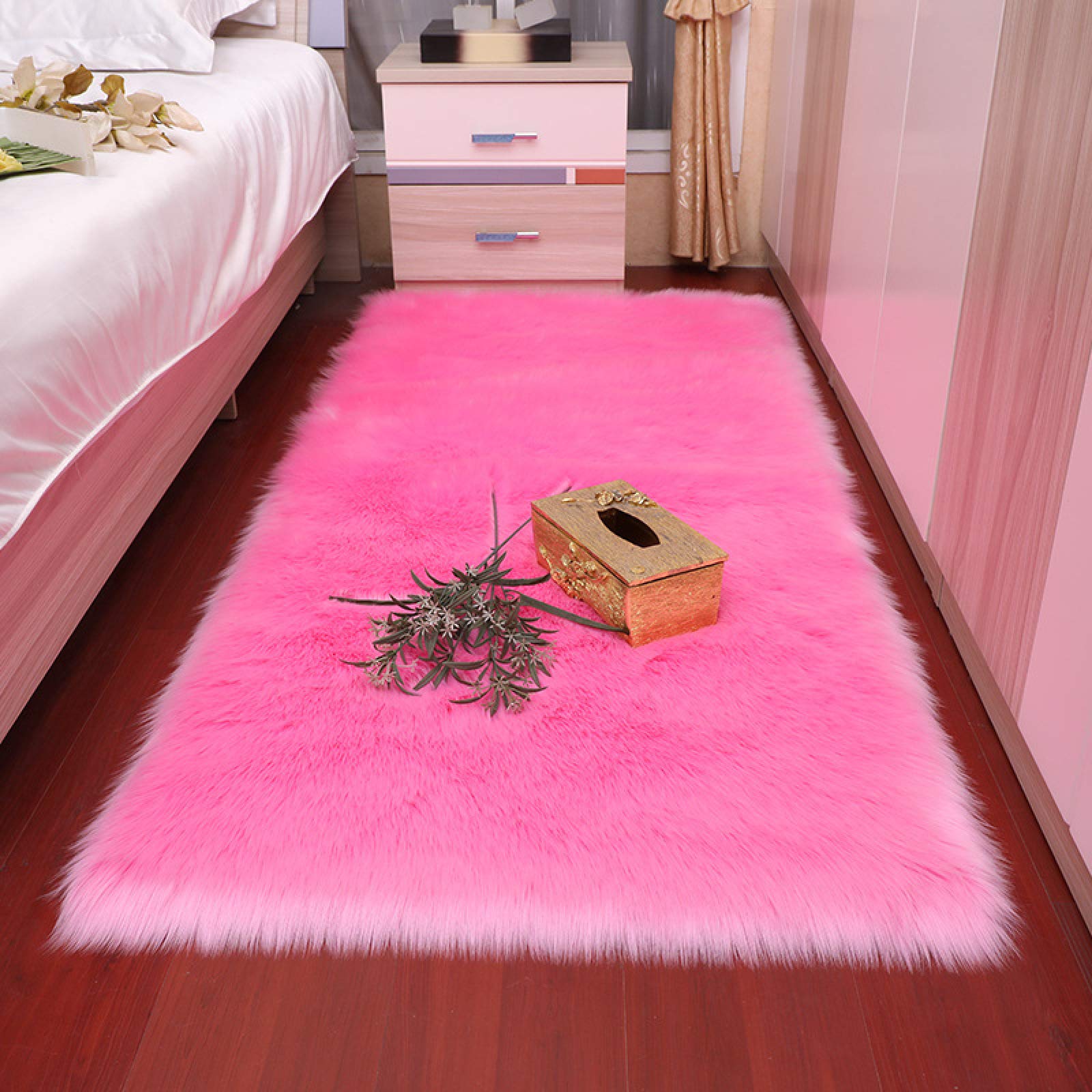 Tapis en fausse fourrure de chambre lavable rose 120x180