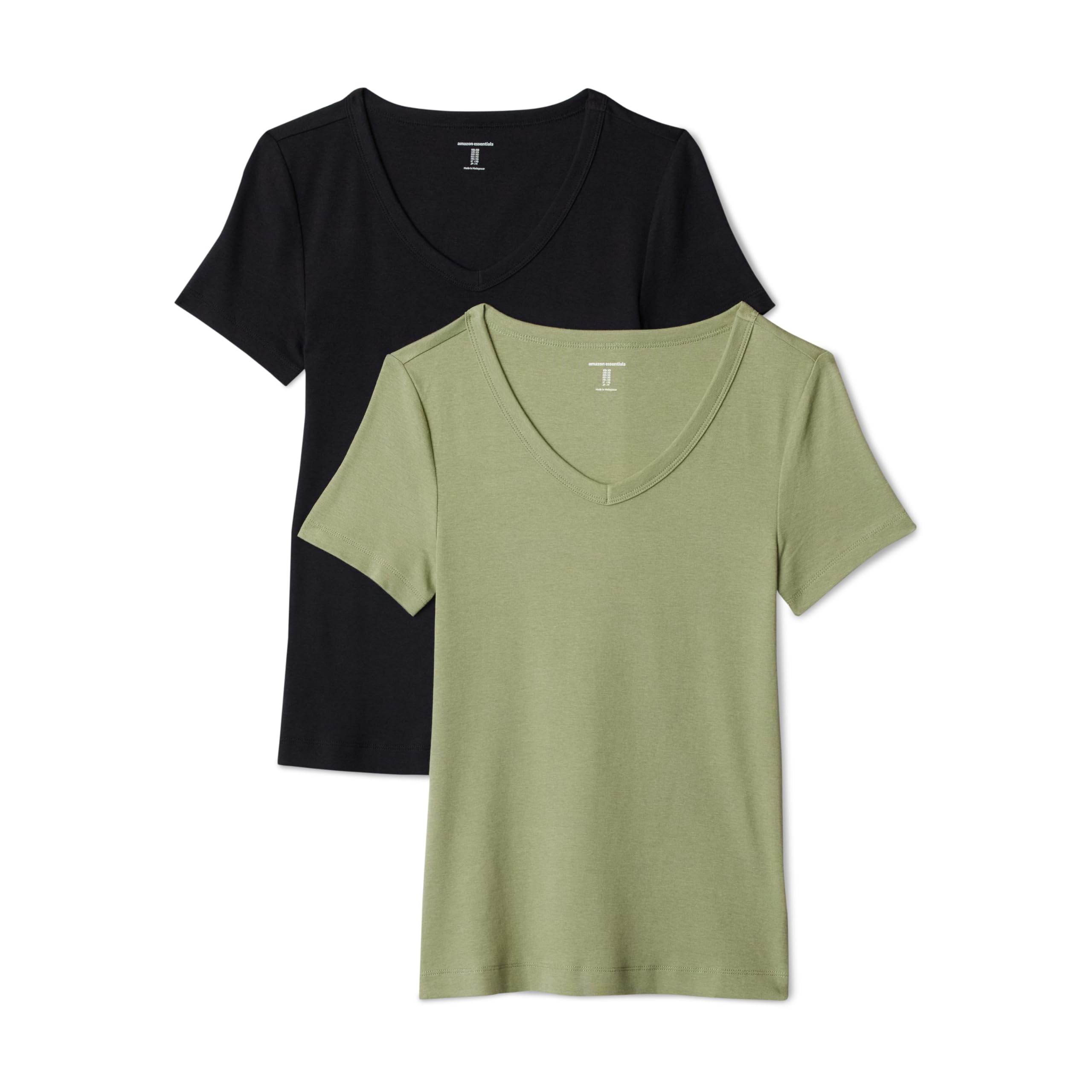 Amazon Essentials Women's 2-Pack Slim-Fit Short-Sleeve V-Neck T-Shirt, Black/Olive, X-Large