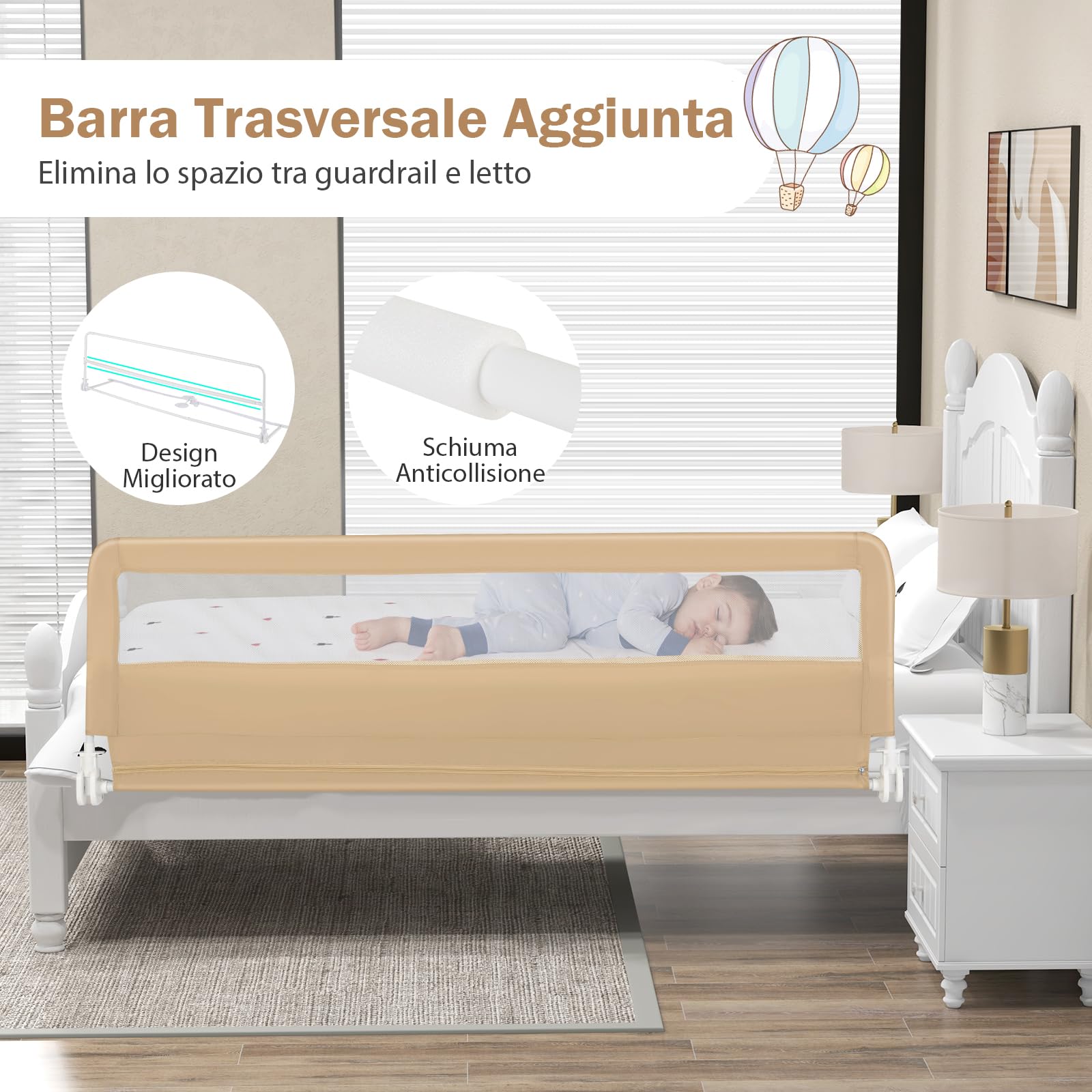 COSTWAY Barriera Letto per Bambini di 180 cm, Sponda di Sicurezza Pieghevole con Copertura Rimovibile, Rete Traspirante, Sbarra da Letto per Letti Singoli e Matrimoniali, 180 x 41 x 55 cm (Beige)